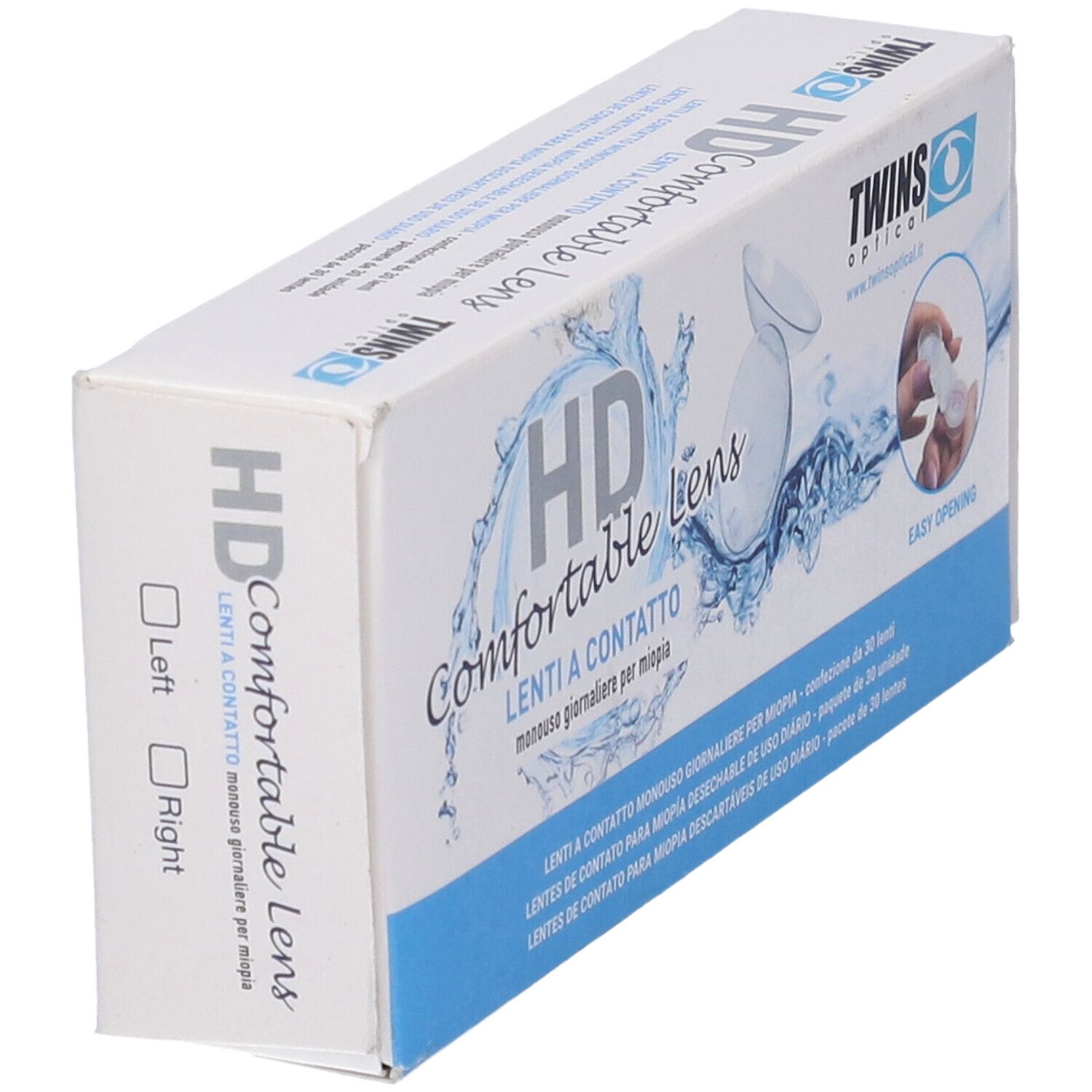 Scatola HD Comfort Lens. Contiene lenti a contatto. Scelta occhio sinistro o destro. Marchio Twins.