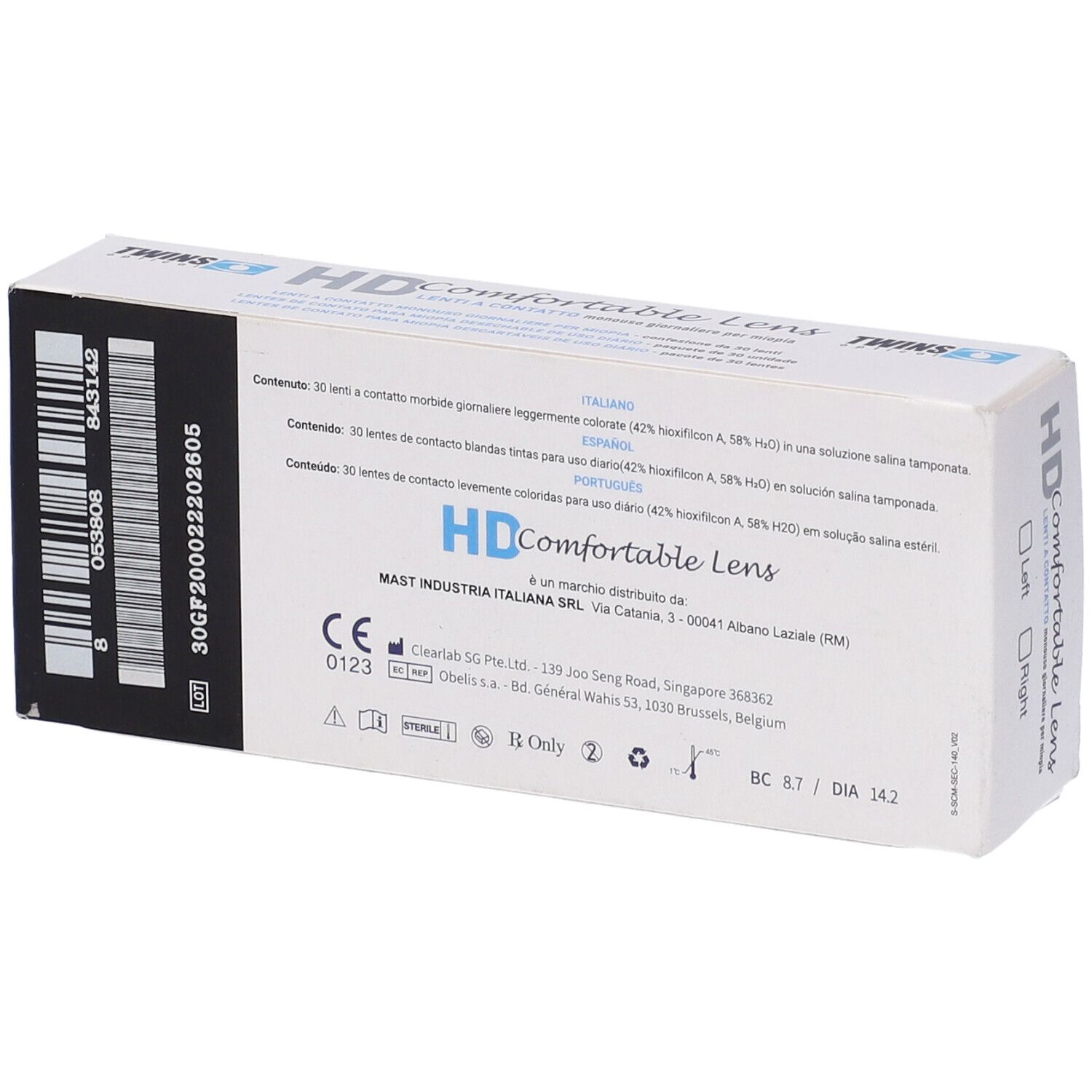 Scatola HD Comfort Lens. Contiene lenti a contatto. Testo in italiano, spagnolo e portoghese. Marchio CE.