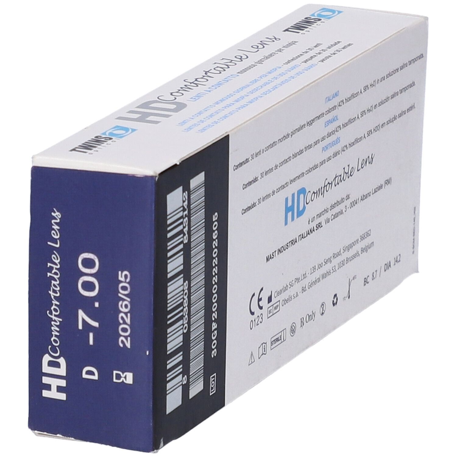 Scatola HD Comfort Lens. Contiene lenti a contatto. Stampa -7.00. Scadenza 2026/05. Marchio CE.