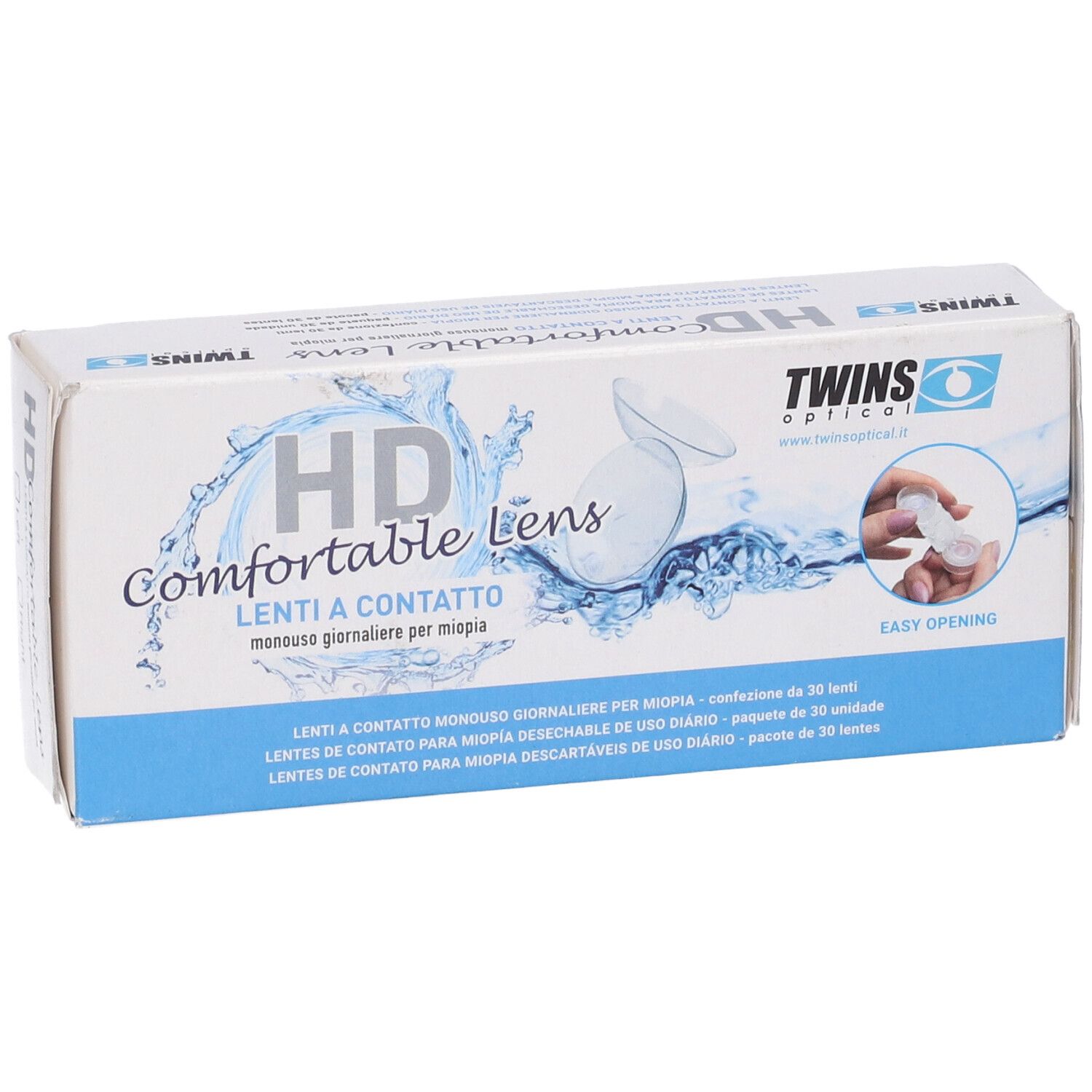 Scatola HD Comfort Lens. Contiene lenti a contatto. Immagine di una mano con lente. Marchio Twins.