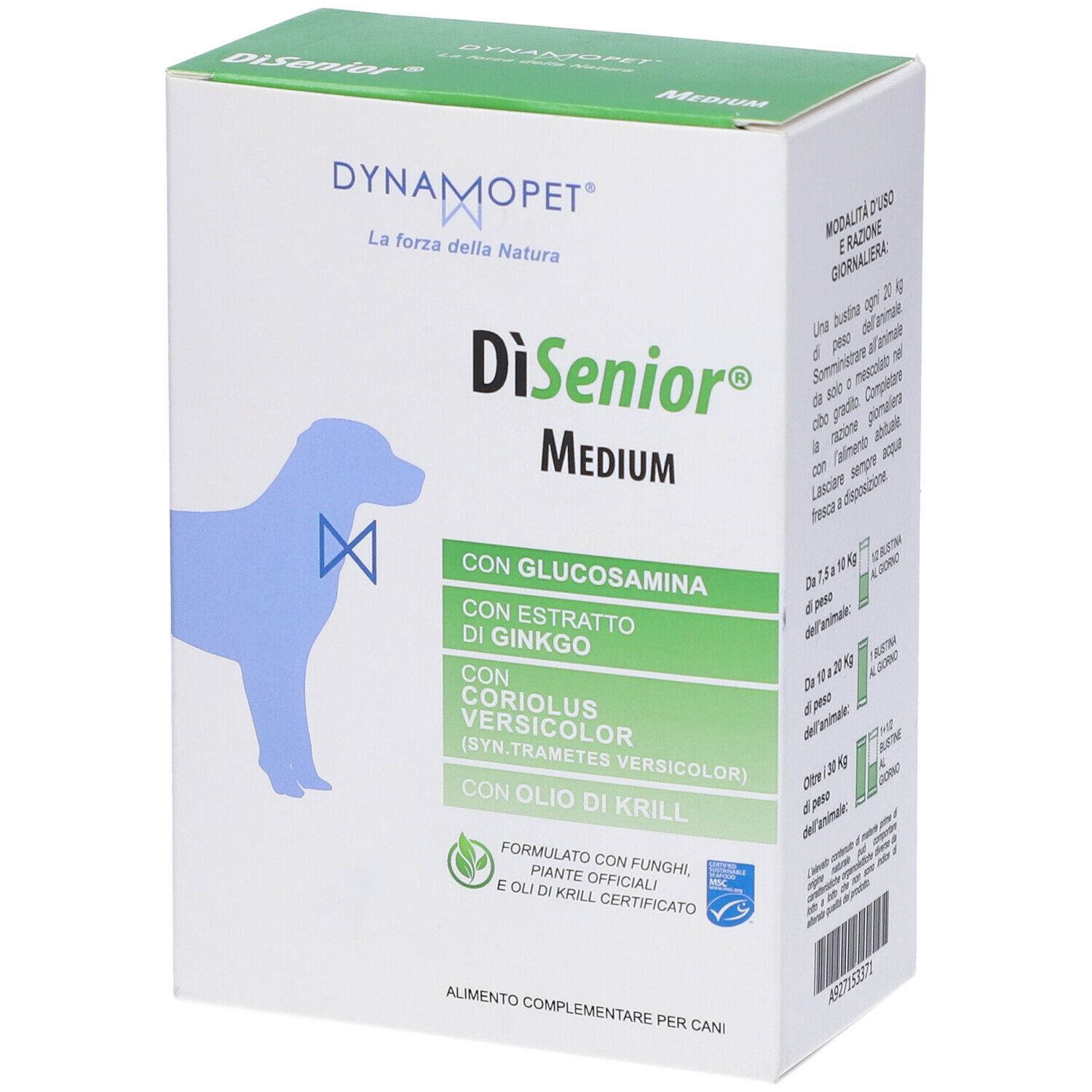 Confezione di Dynamopet DiSenior Medium Gel. Contiene glucosamina, estratto di ginkgo, Coriolus versicolor e olio di krill. Per cani.