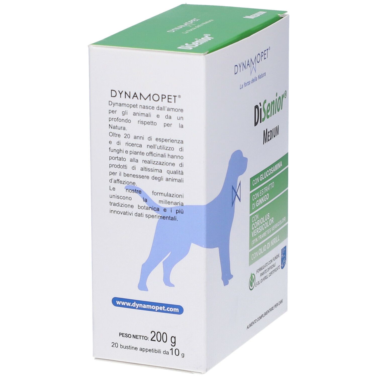 Confezione di Dynamopet DiSenior Medium Gel. Contiene 20 bustine. Peso: 200g. Con logo e silhouette di cane.