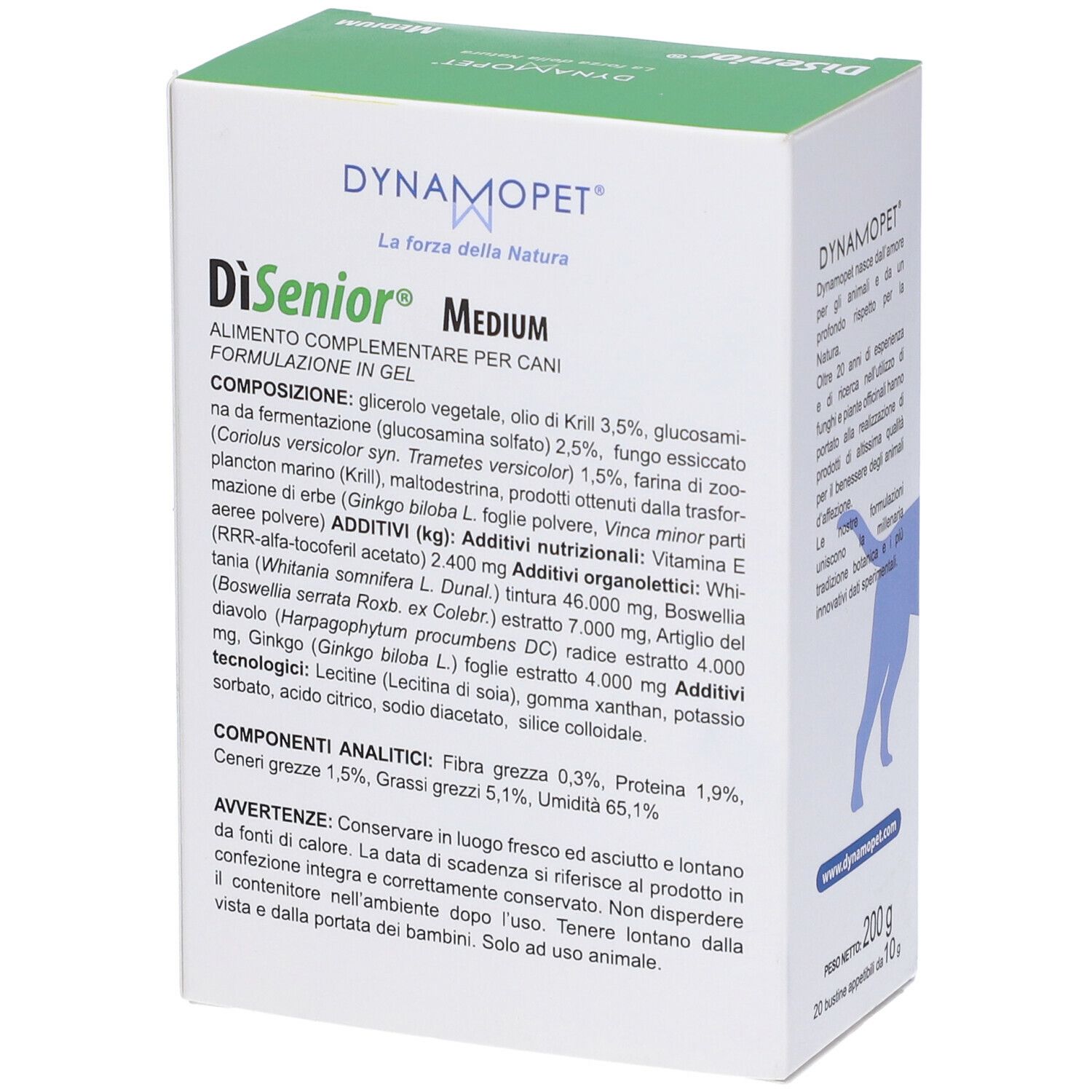Retro della confezione di Dynamopet DiSenior Medium Gel. Contiene ingredienti e componenti analitici. Testo in italiano.