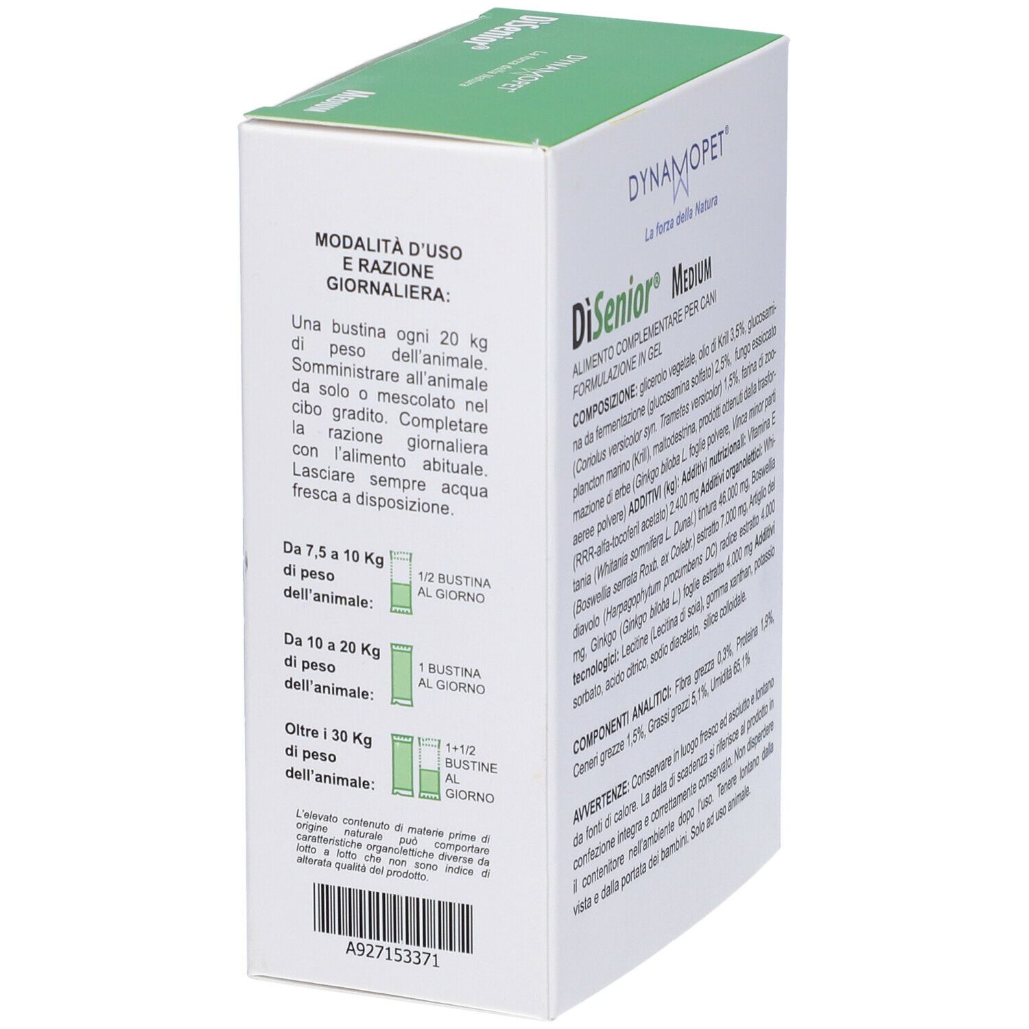 Lato della confezione di Dynamopet DiSenior Medium Gel. Istruzioni per il dosaggio per cani. Testo in italiano.