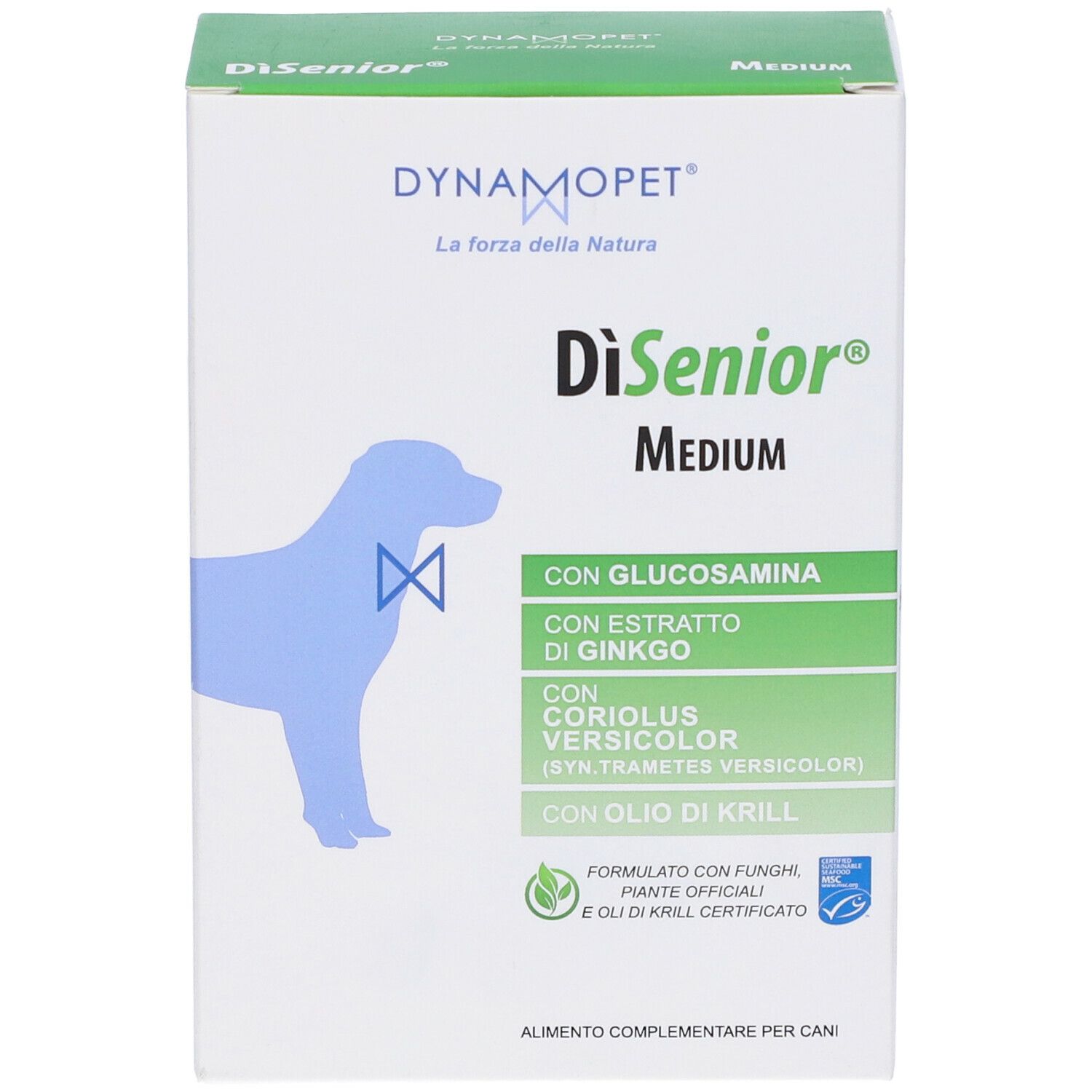 Fronte della confezione di Dynamopet DiSenior Medium Gel. Contiene glucosamina, estratto di ginkgo, Coriolus versicolor e olio di krill. Per cani.