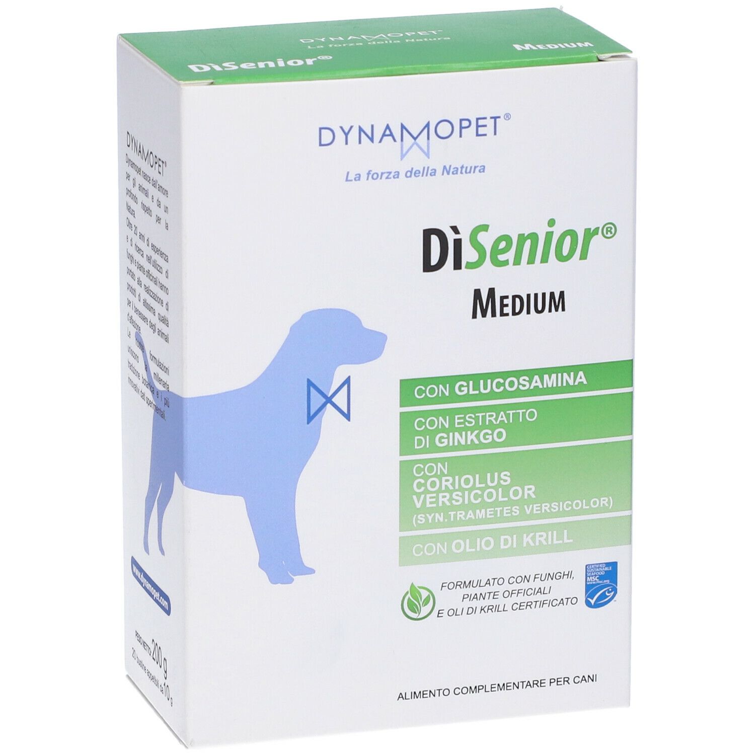 Fronte della confezione di Dynamopet DiSenior Medium Gel. Contiene glucosamina, estratto di ginkgo, Coriolus versicolor e olio di krill. Per cani.