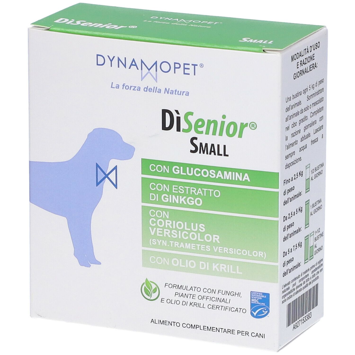 Scatola con informazioni sul prodotto. Scritto: DiSenior Small, con glucosamina, estratto di ginkgo, Coriolus Versicolor, olio di krill.