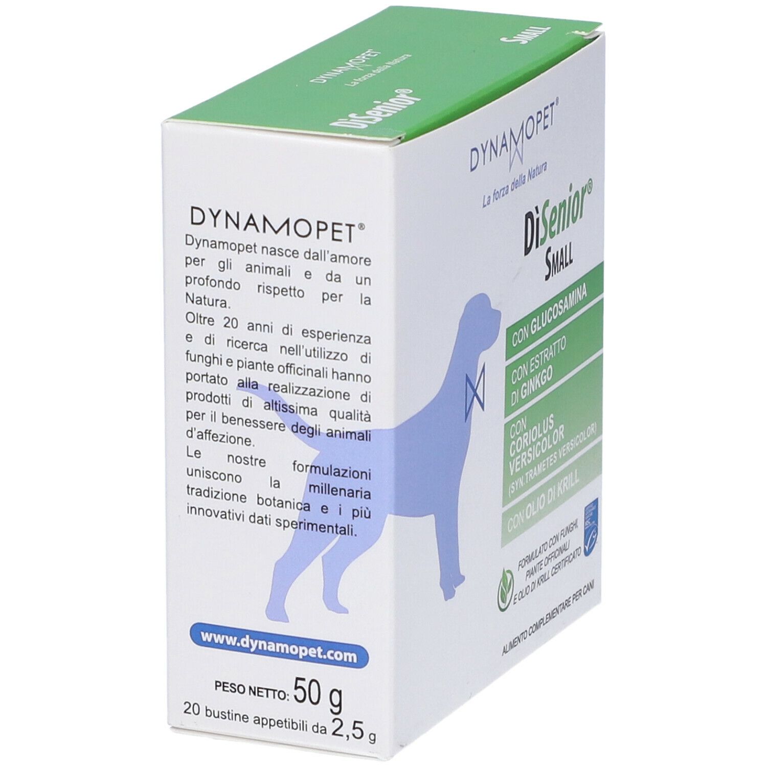 Scatola con informazioni sul prodotto. Scritto: DiSenior Small, con glucosamina, estratto di ginkgo, Coriolus Versicolor, olio di krill. Testo sul retro.