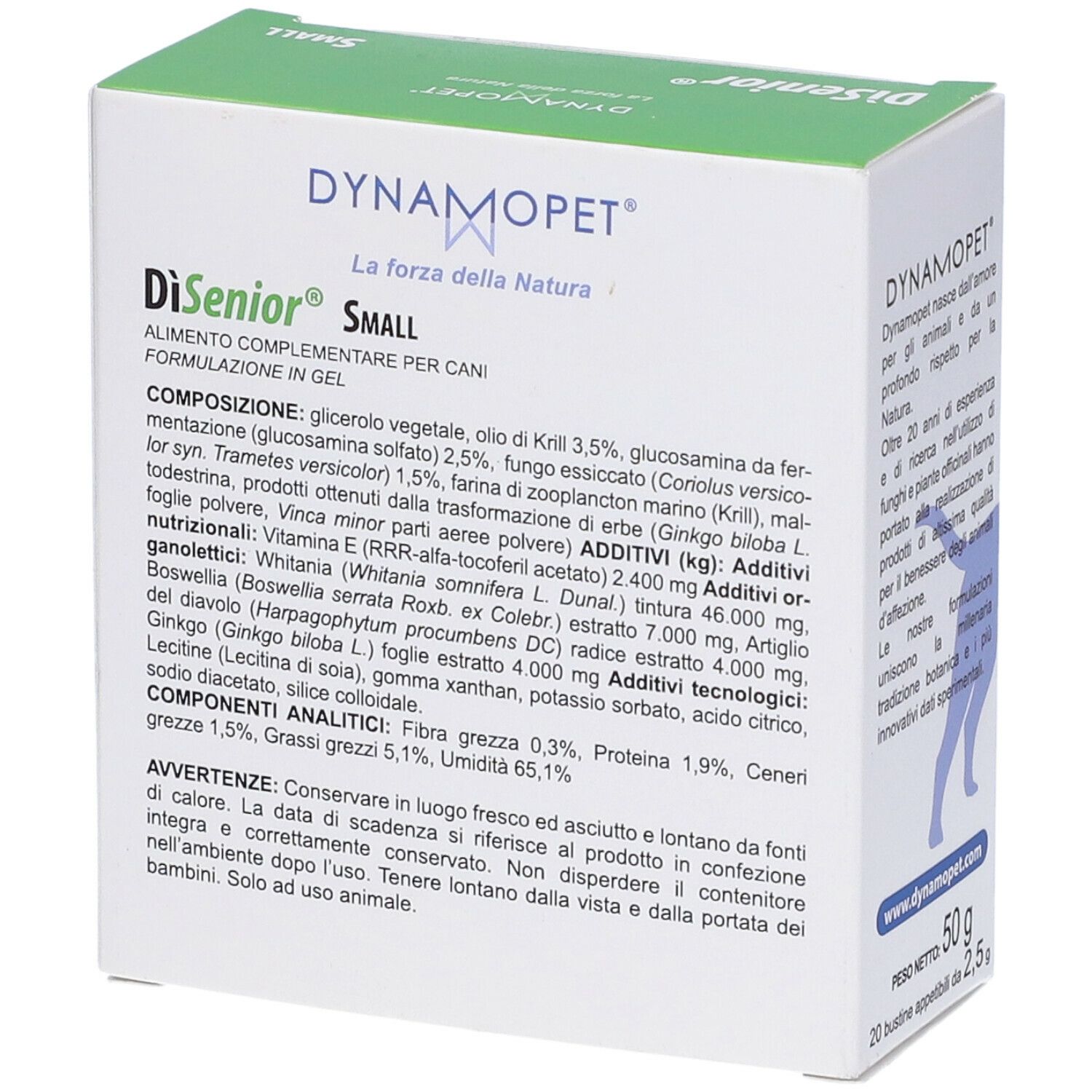 Scatola con informazioni sul prodotto. Scritto: DiSenior Small, con glucosamina, estratto di ginkgo, Coriolus Versicolor, olio di krill. Elenco ingredienti.