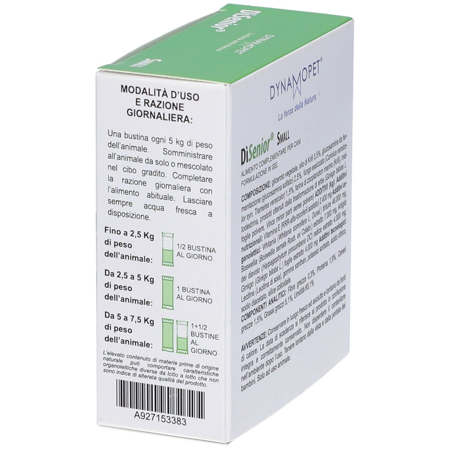 Scatola con informazioni sul prodotto. Scritto: DiSenior Small, con glucosamina, estratto di ginkgo, Coriolus Versicolor, olio di krill. Istruzioni per il dosaggio.
