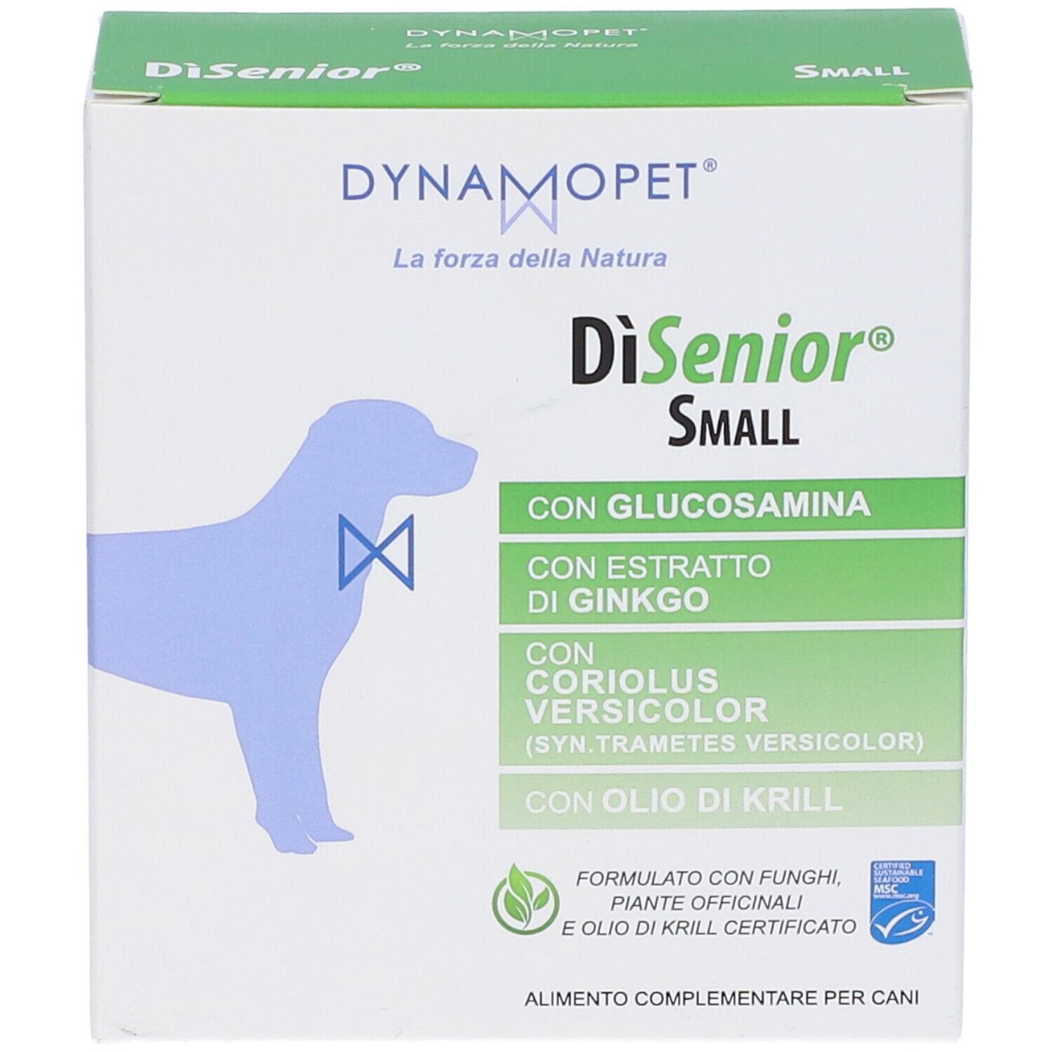 Scatola con informazioni sul prodotto. Scritto: DiSenior Small, con glucosamina, estratto di ginkgo, Coriolus Versicolor, olio di krill. Vista frontale.