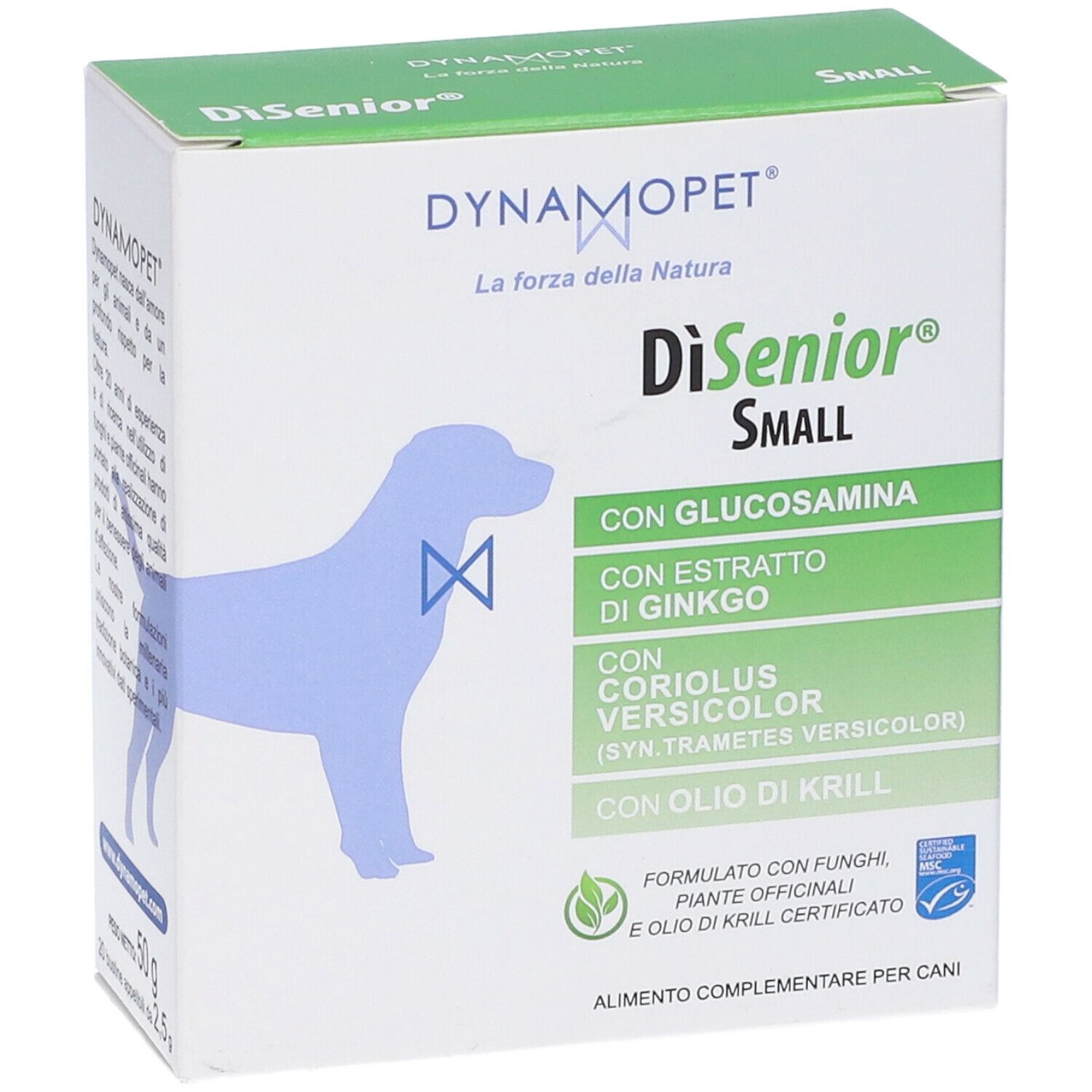 Scatola con informazioni sul prodotto. Scritto: DiSenior Small, con glucosamina, estratto di ginkgo, Coriolus Versicolor, olio di krill. Vista frontale.