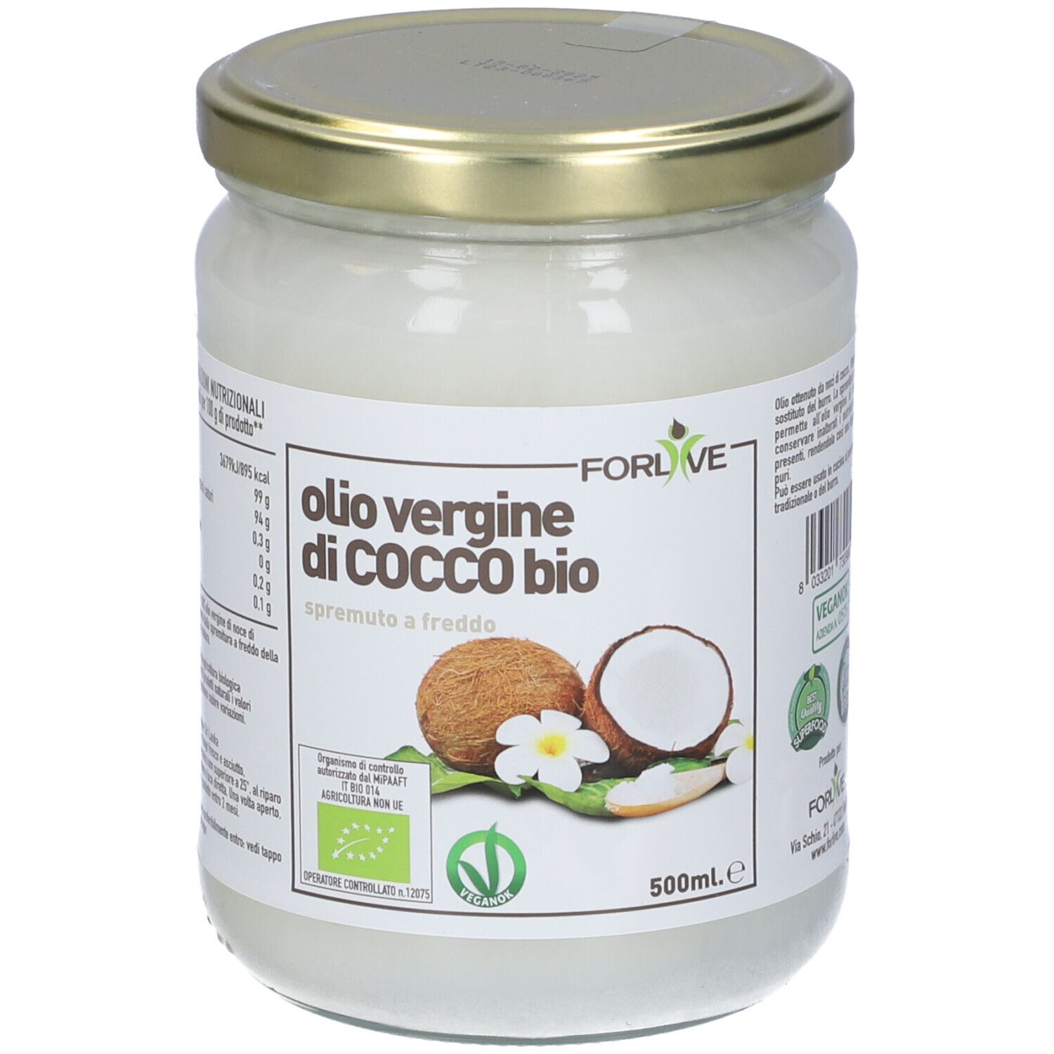 Barattolo di olio di cocco Forlive Olio Vergine Di Cocco Bio. Etichetta bio e illustrazione di cocco.