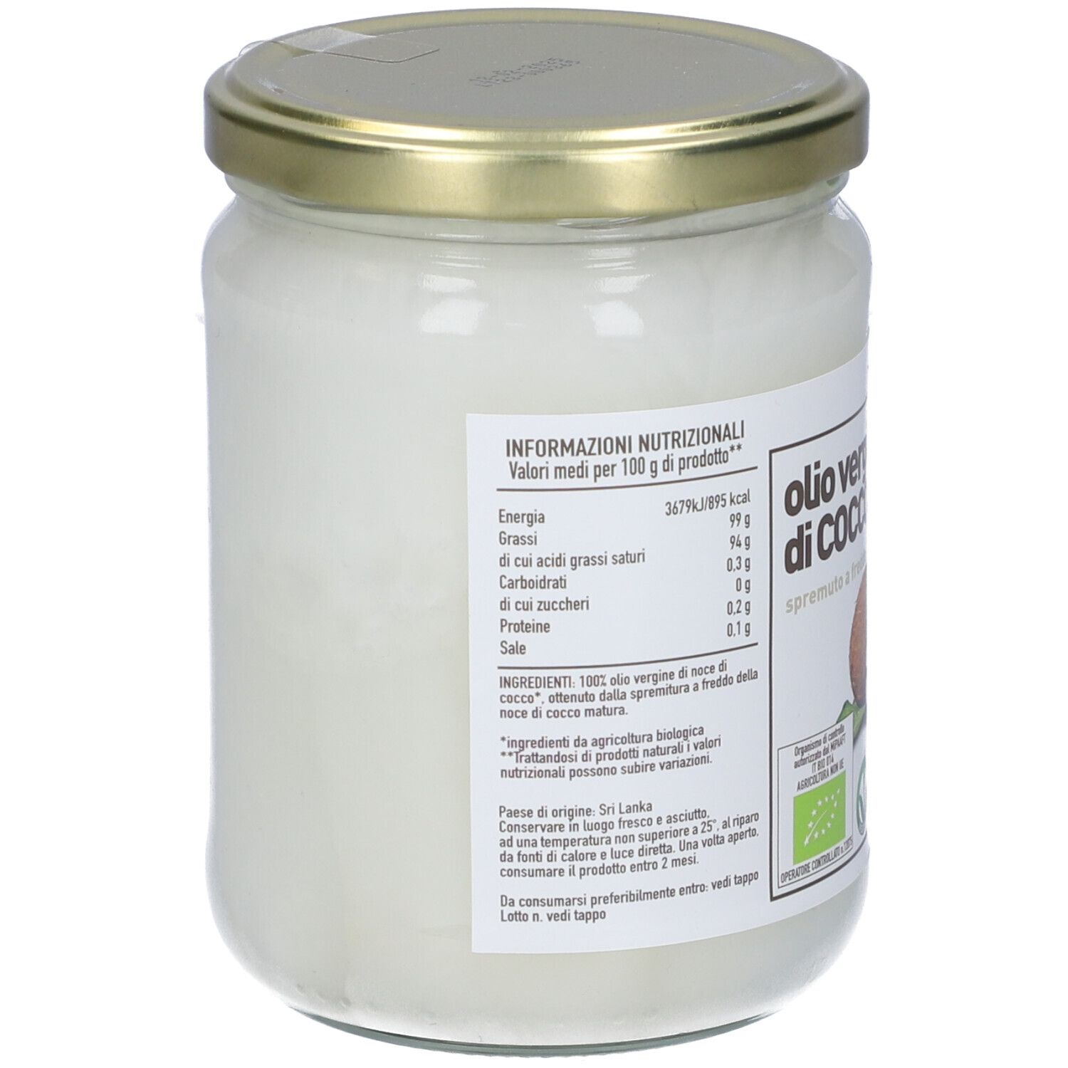 Retro del barattolo di olio di cocco con informazioni nutrizionali e lista ingredienti. Marchio bio.