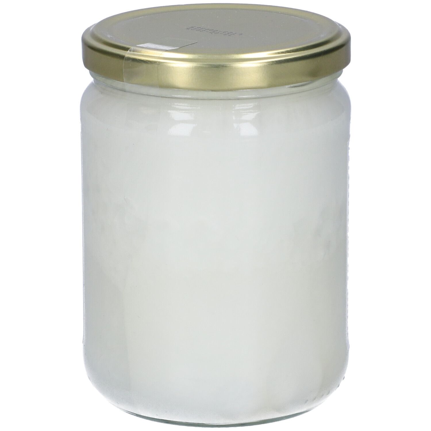 Barattolo di vetro con olio di cocco. Coperchio dorato. Contenuto visibile.