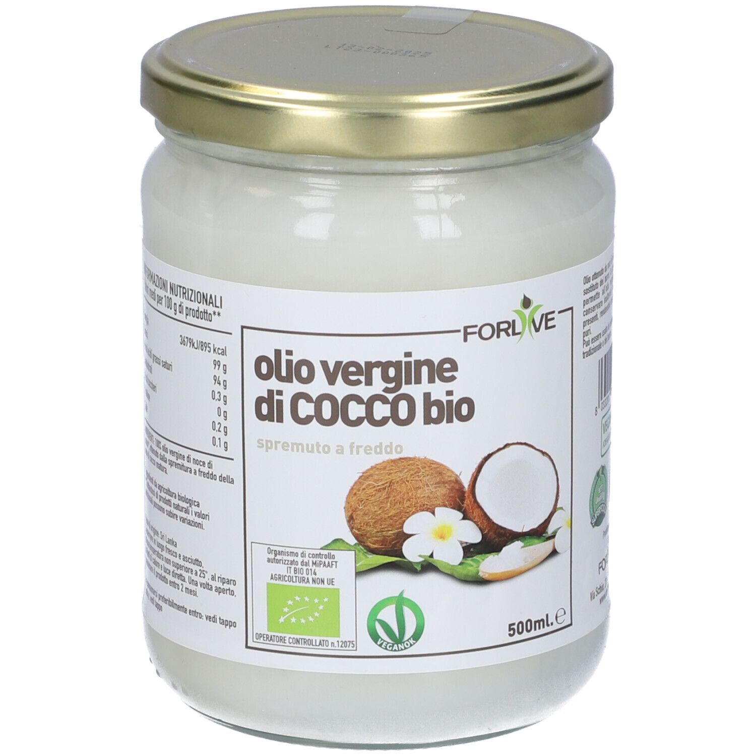 Barattolo di olio di cocco Forlive Olio Vergine Di Cocco Bio. Etichetta bio e illustrazione di cocco.