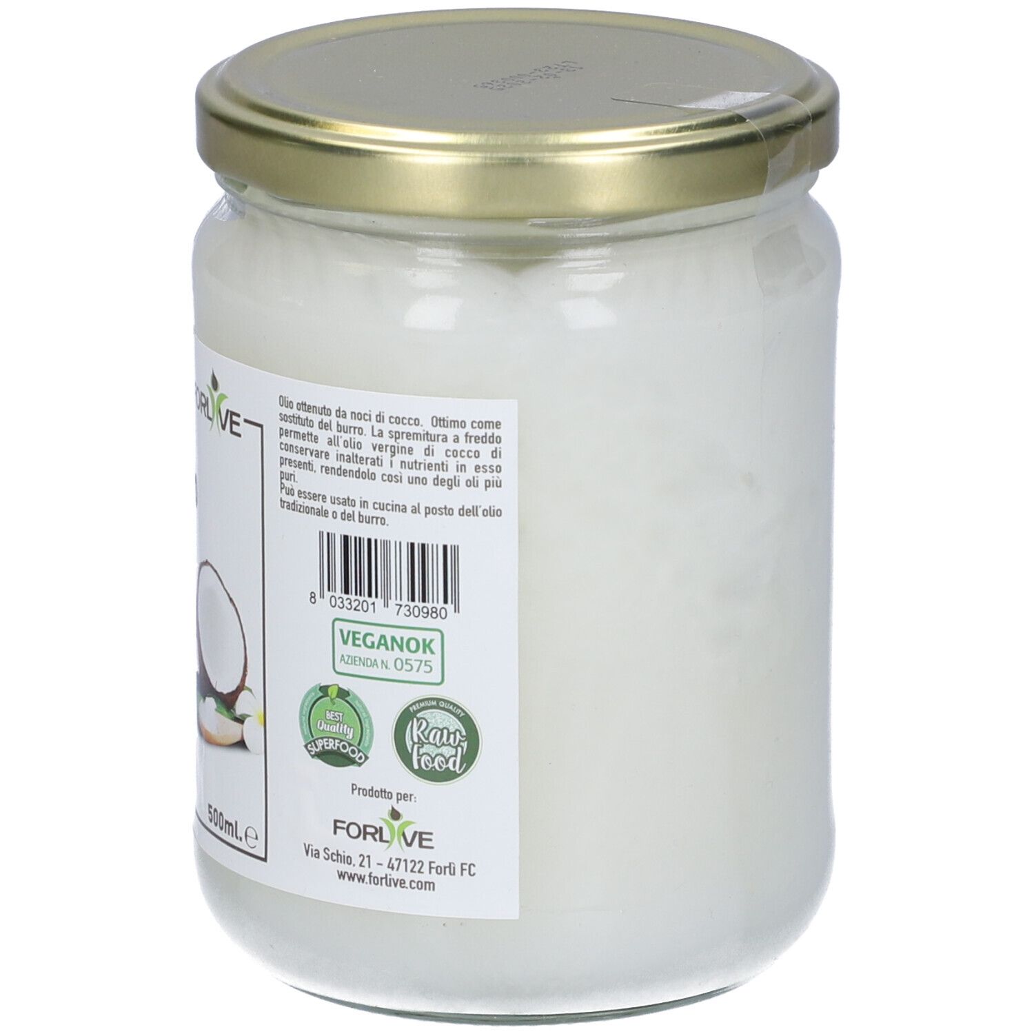 Retro del barattolo di olio di cocco con informazioni. Marchi vegan e Raw Food.