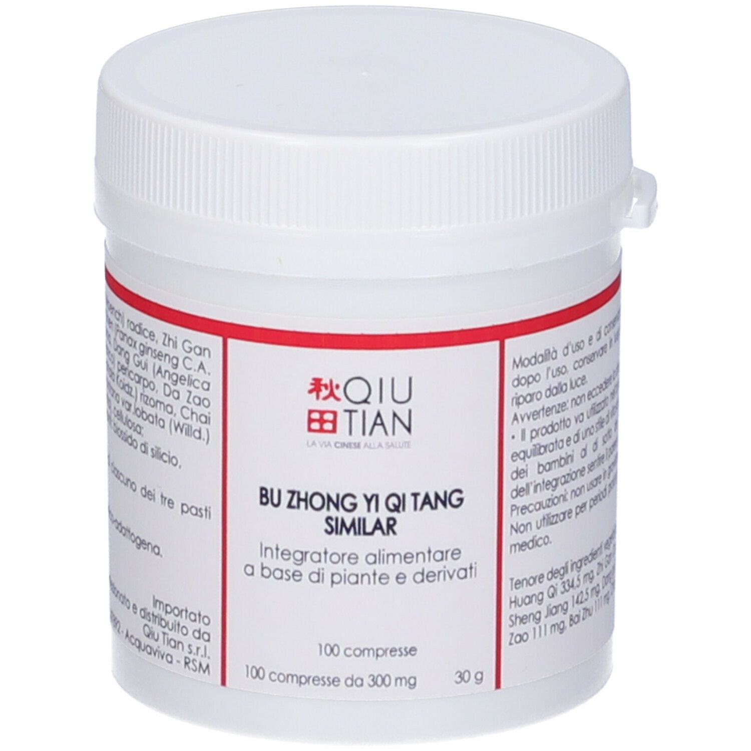 Contenitore bianco per compresse con etichetta rossa. Scritta: QIU TIAN, BU ZHONG YI QI TANG SIMILAR, 100 compresse.