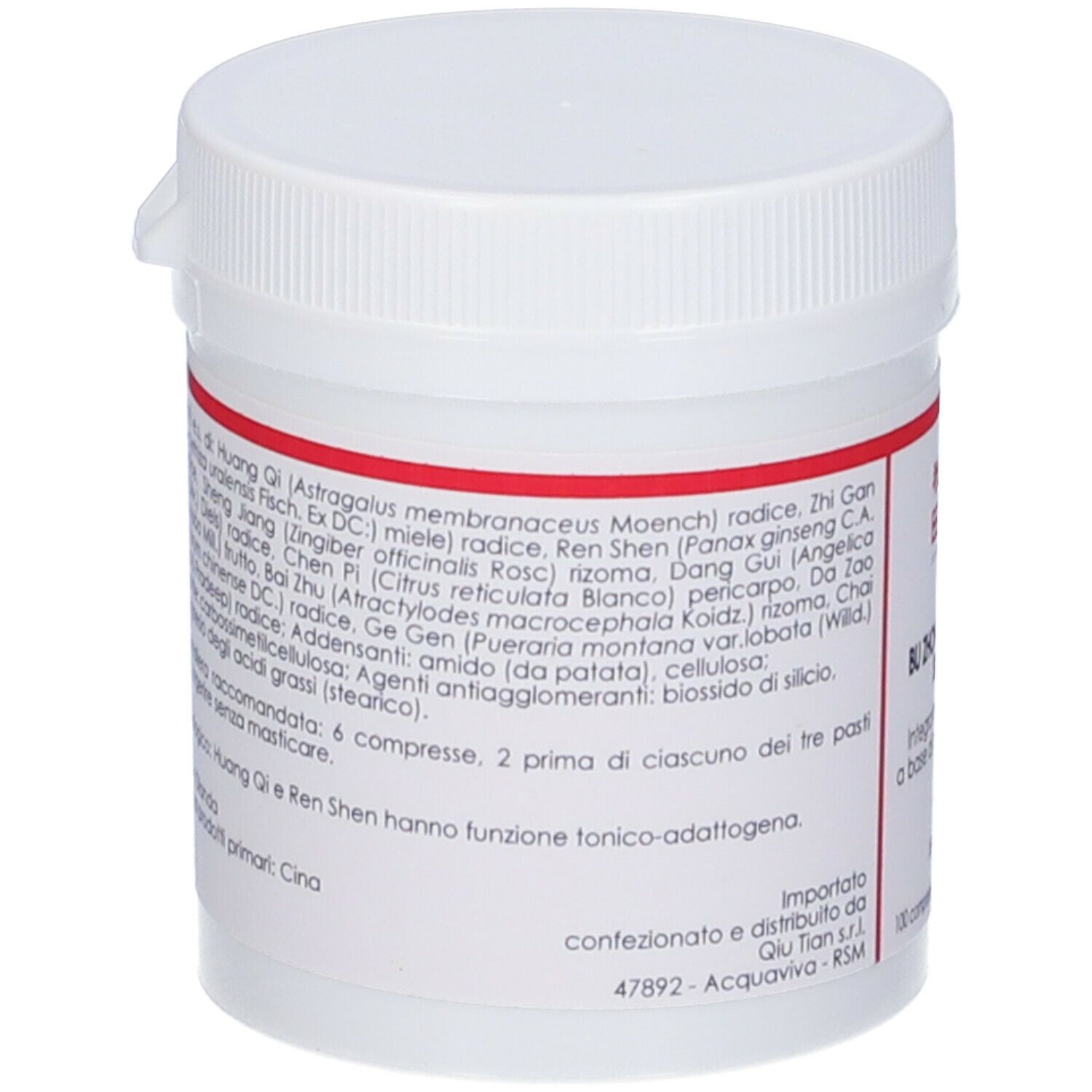 Contenitore bianco per compresse con etichetta rossa. Scritta: QIU TIAN, BU ZHONG YI QI TANG SIMILAR. Elenco ingredienti.