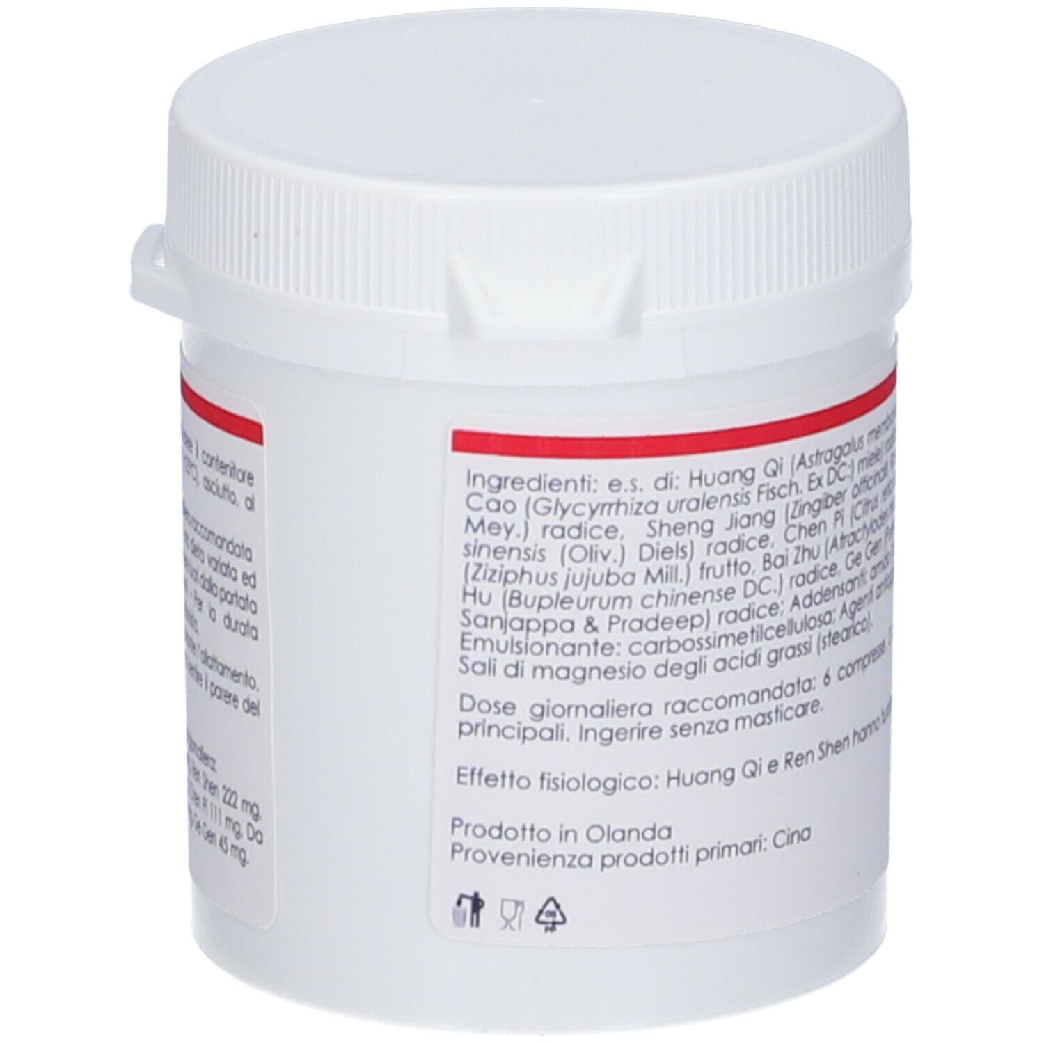 Contenitore bianco per compresse con etichetta rossa. Scritta: QIU TIAN, BU ZHONG YI QI TANG SIMILAR. Elenco ingredienti.