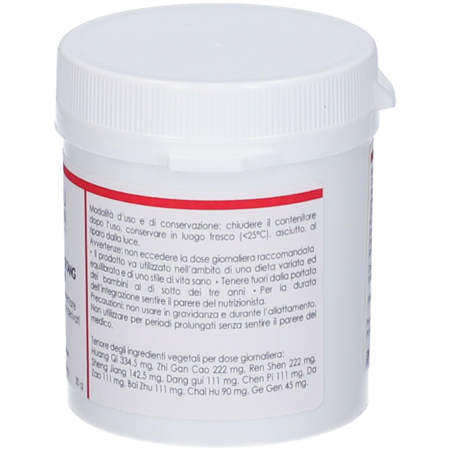 Contenitore bianco per compresse con etichetta rossa. Scritta: QIU TIAN, BU ZHONG YI QI TANG SIMILAR. Istruzioni per l'uso.