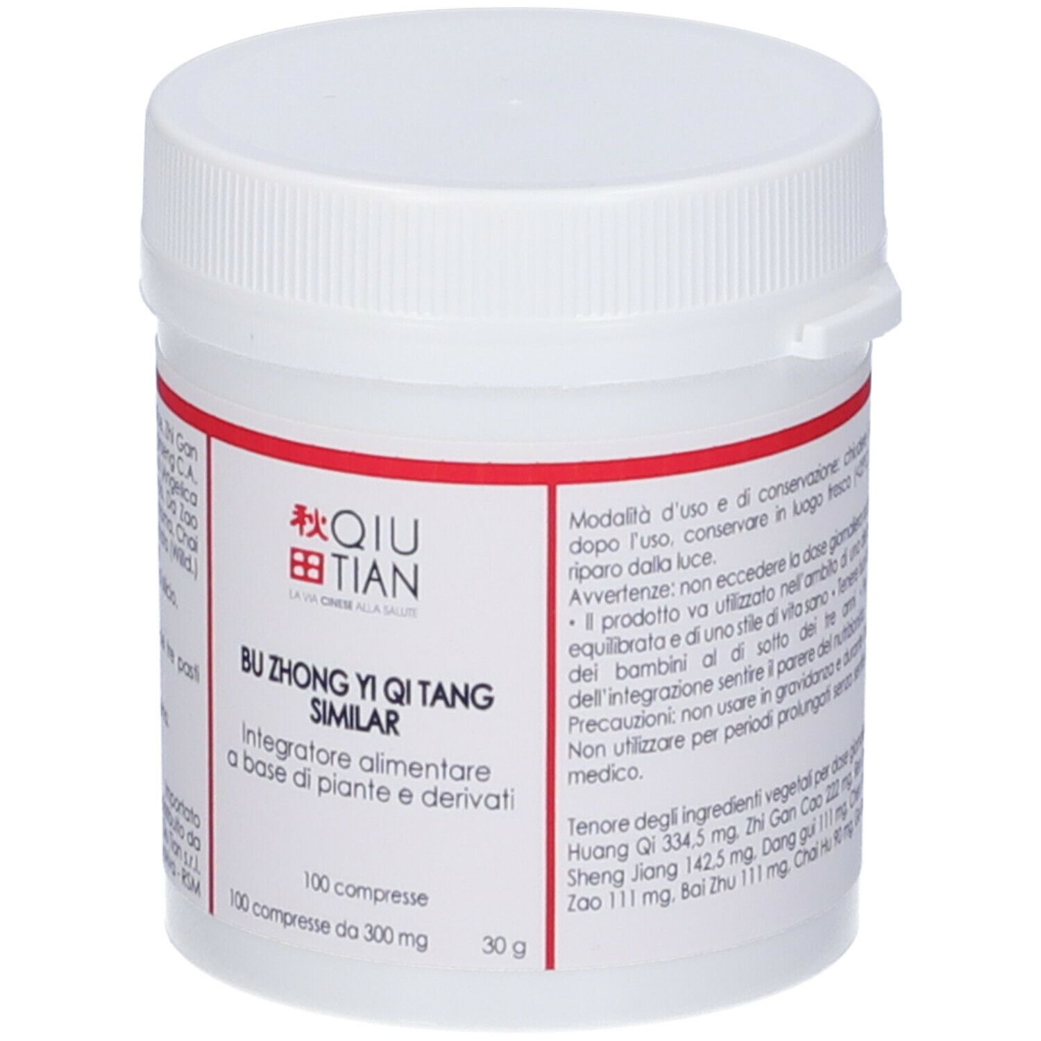 Contenitore bianco per compresse con etichetta rossa. Scritta: QIU TIAN, BU ZHONG YI QI TANG SIMILAR, 100 compresse.