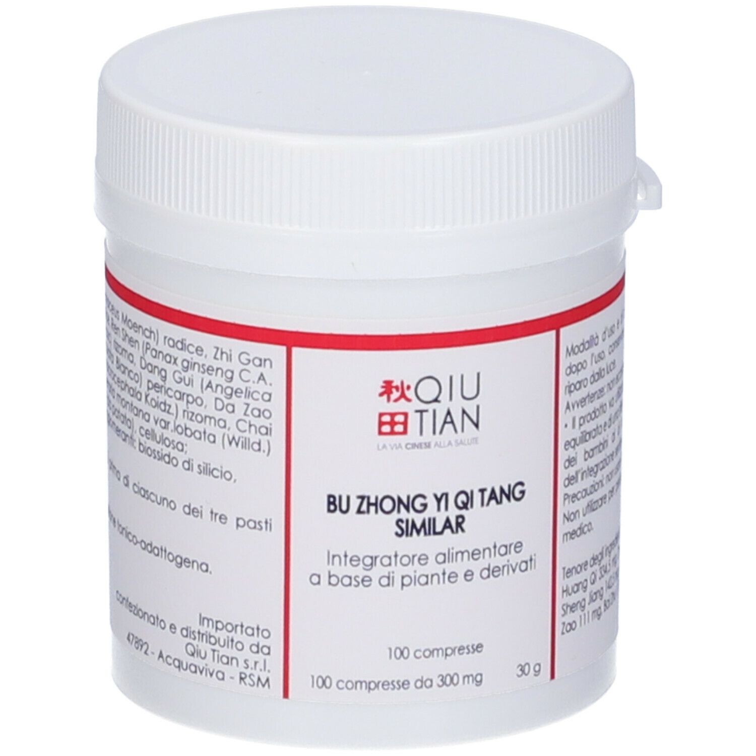 Contenitore bianco per compresse con etichetta rossa. Scritta: QIU TIAN, BU ZHONG YI QI TANG SIMILAR, 100 compresse.