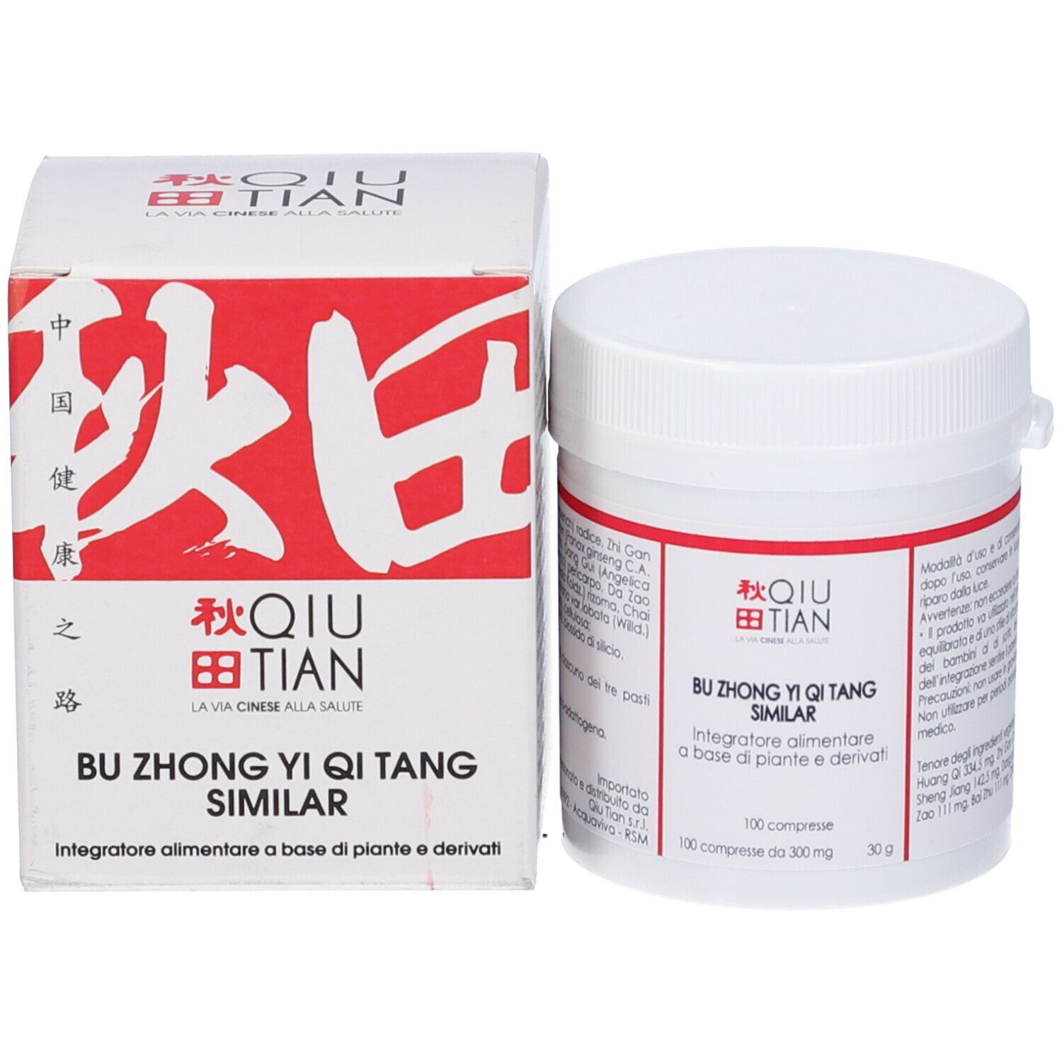 Flacone e scatola bianchi. Scritta: QIU TIAN, BU ZHONG YI QI TANG SIMILAR, 100 compresse.