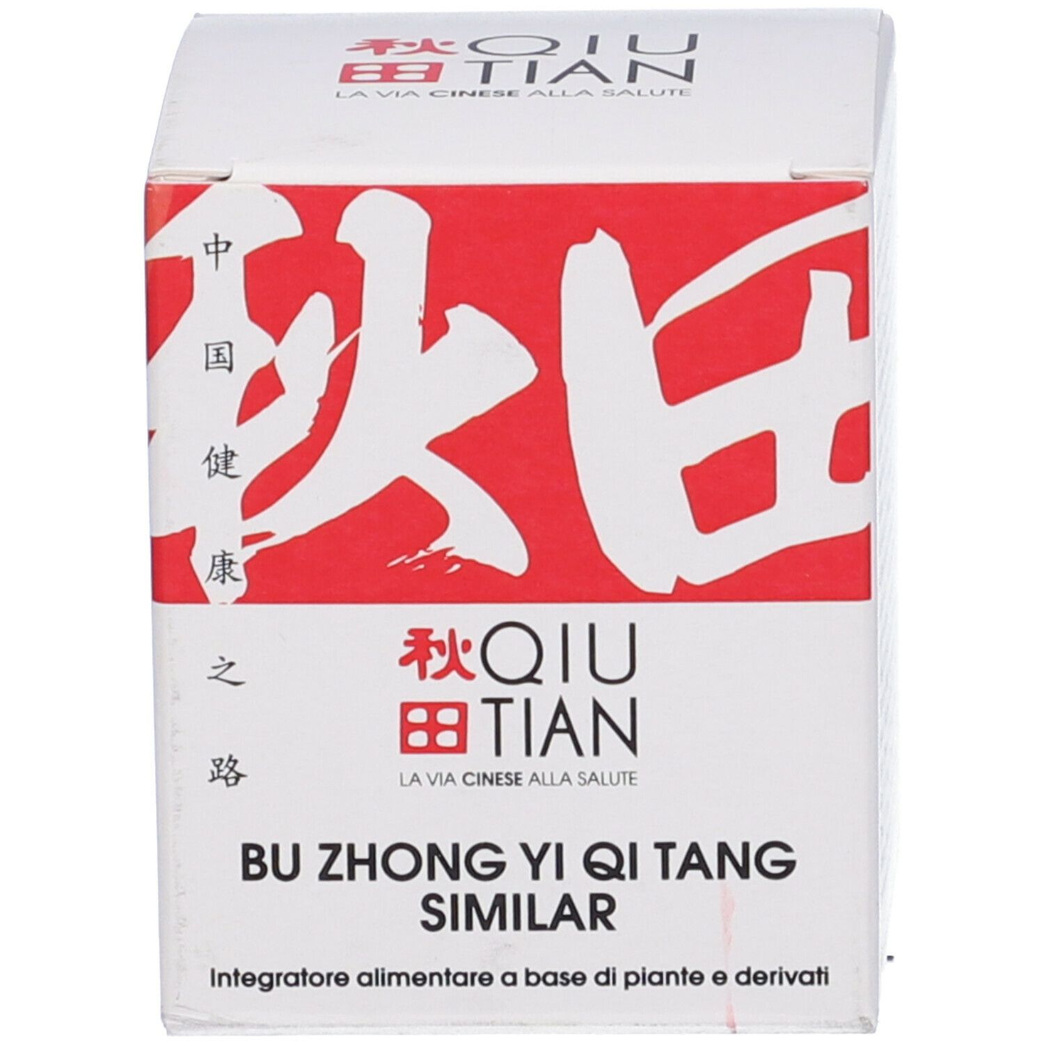 Scatola bianca con scritta rossa. Scritta: QIU TIAN, BU ZHONG YI QI TANG SIMILAR.