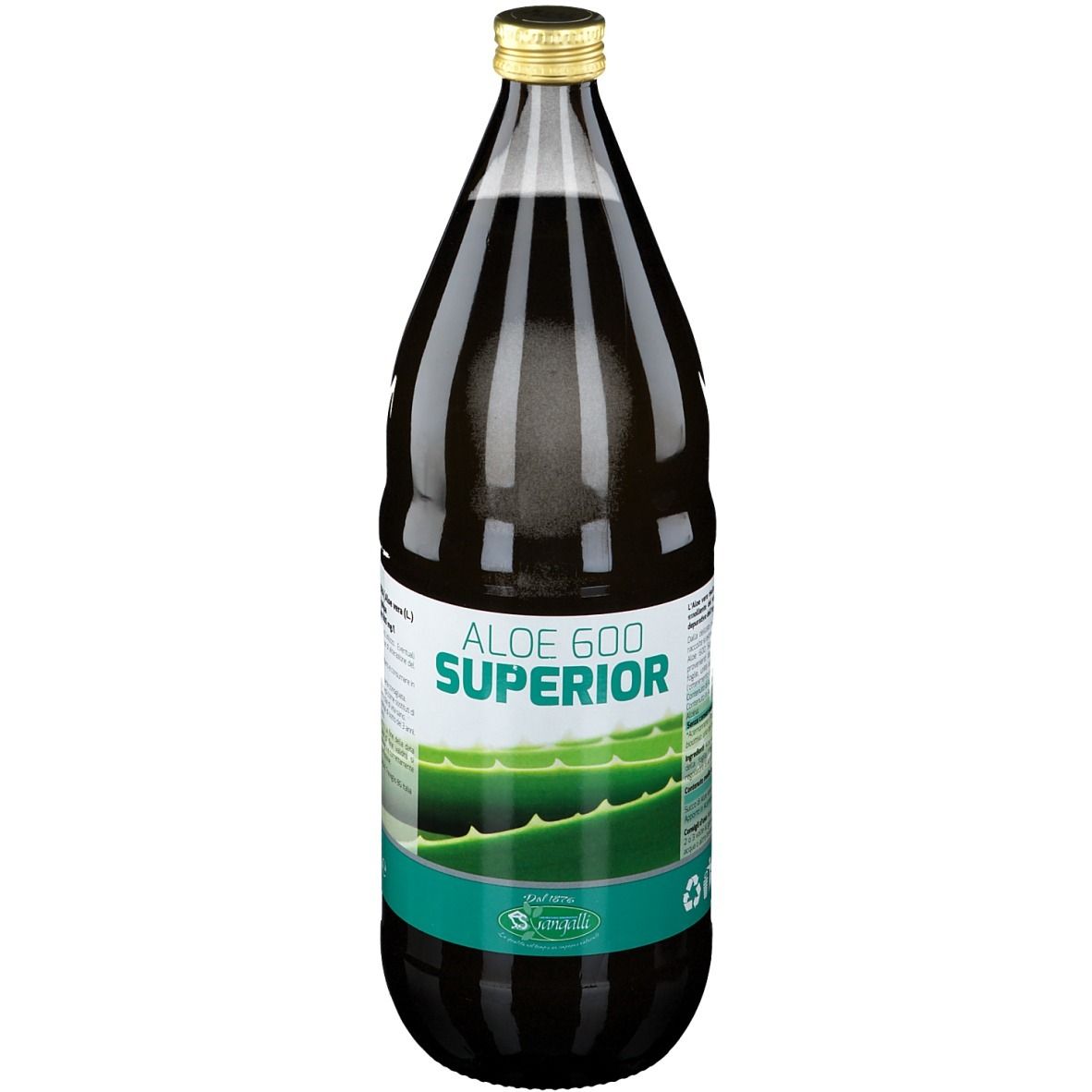 Bottiglia marrone con tappo dorato. Scritta: Aloe 600 Superior. Etichetta verde e bianca con motivo aloe vera.