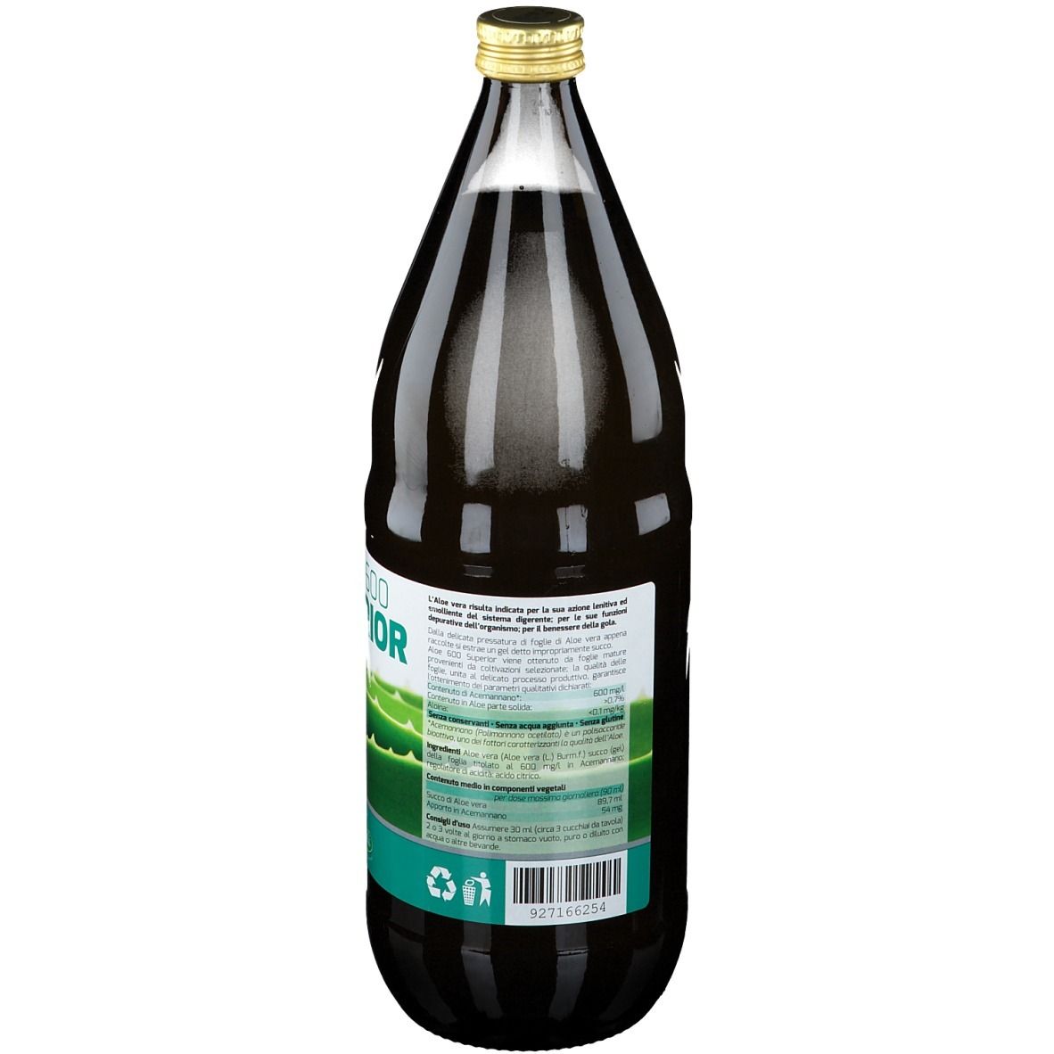 Bottiglia marrone con tappo dorato. Scritta: Aloe 600 Superior. Etichetta verde e bianca con motivo aloe vera.