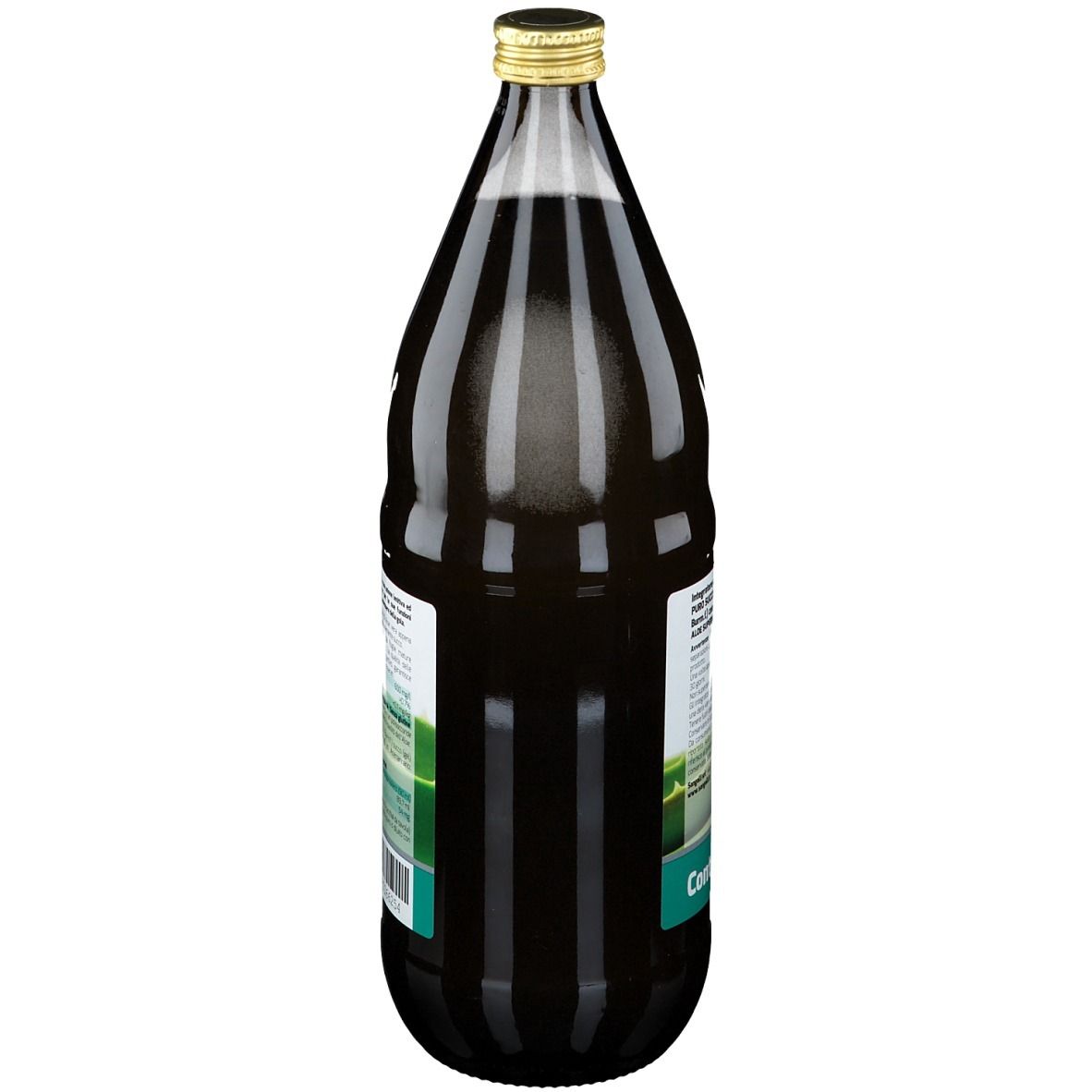 Bottiglia marrone con tappo dorato. Retro con testo ed etichetta. Etichetta verde e bianca con motivo aloe vera.