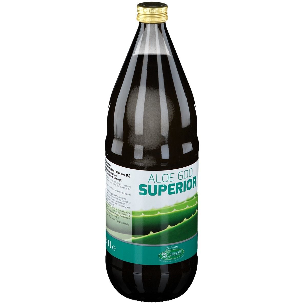 Bottiglia marrone con tappo dorato. Scritta: Aloe 600 Superior. Etichetta verde e bianca con motivo aloe vera.
