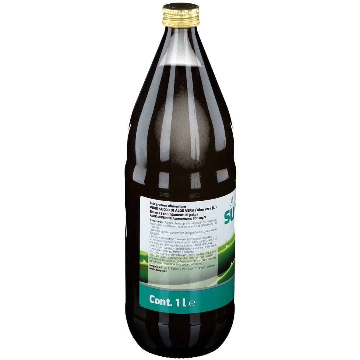 Bottiglia marrone con tappo dorato. Retro con testo ed etichetta. Etichetta verde e bianca con motivo aloe vera.