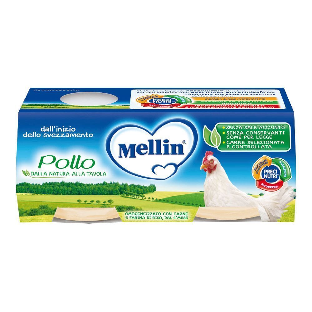 Confezione Mellin Omogeneizzato Pollo. Confezione blu e bianca con testo e pollo. Contiene due vasetti.