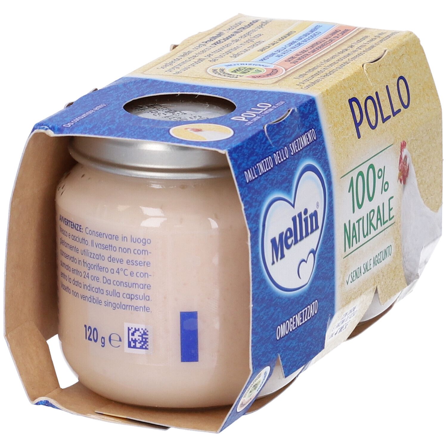 Mellin Omogeneizzato Pollo, un vasetto nella confezione. Scritta '100% naturale' e un pollo. Senza sale aggiunto.