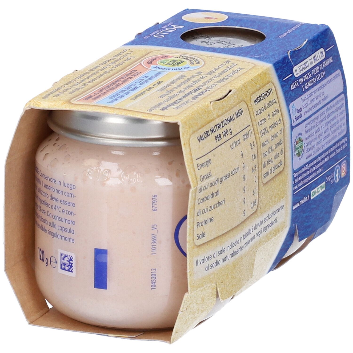 Mellin Omogeneizzato Pollo, un vasetto nella confezione. Valori nutrizionali e lista ingredienti sul retro. 120g.