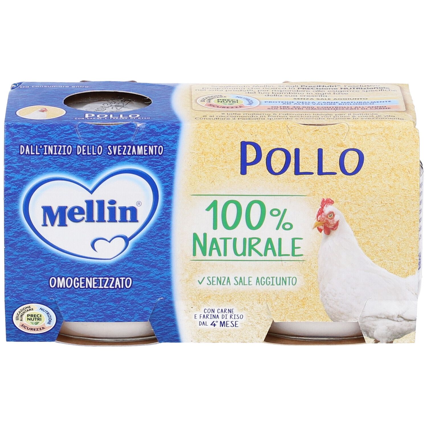 Confezione Mellin Omogeneizzato Pollo. Due vasetti visibili. Scritta '100% naturale' e un pollo. Senza sale aggiunto.