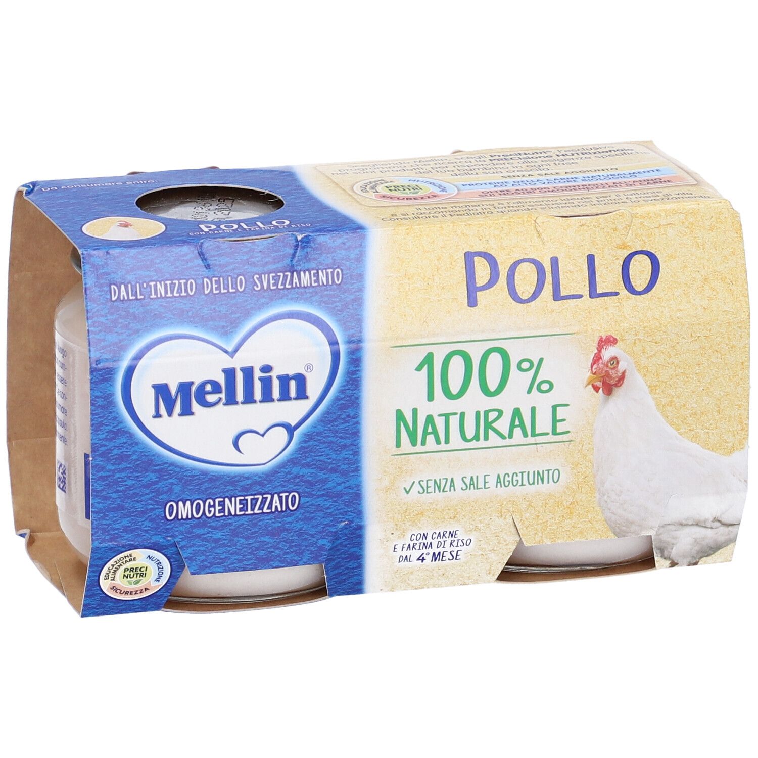 Confezione Mellin Omogeneizzato Pollo. Due vasetti visibili. Scritta '100% naturale' e un pollo. Senza sale aggiunto.