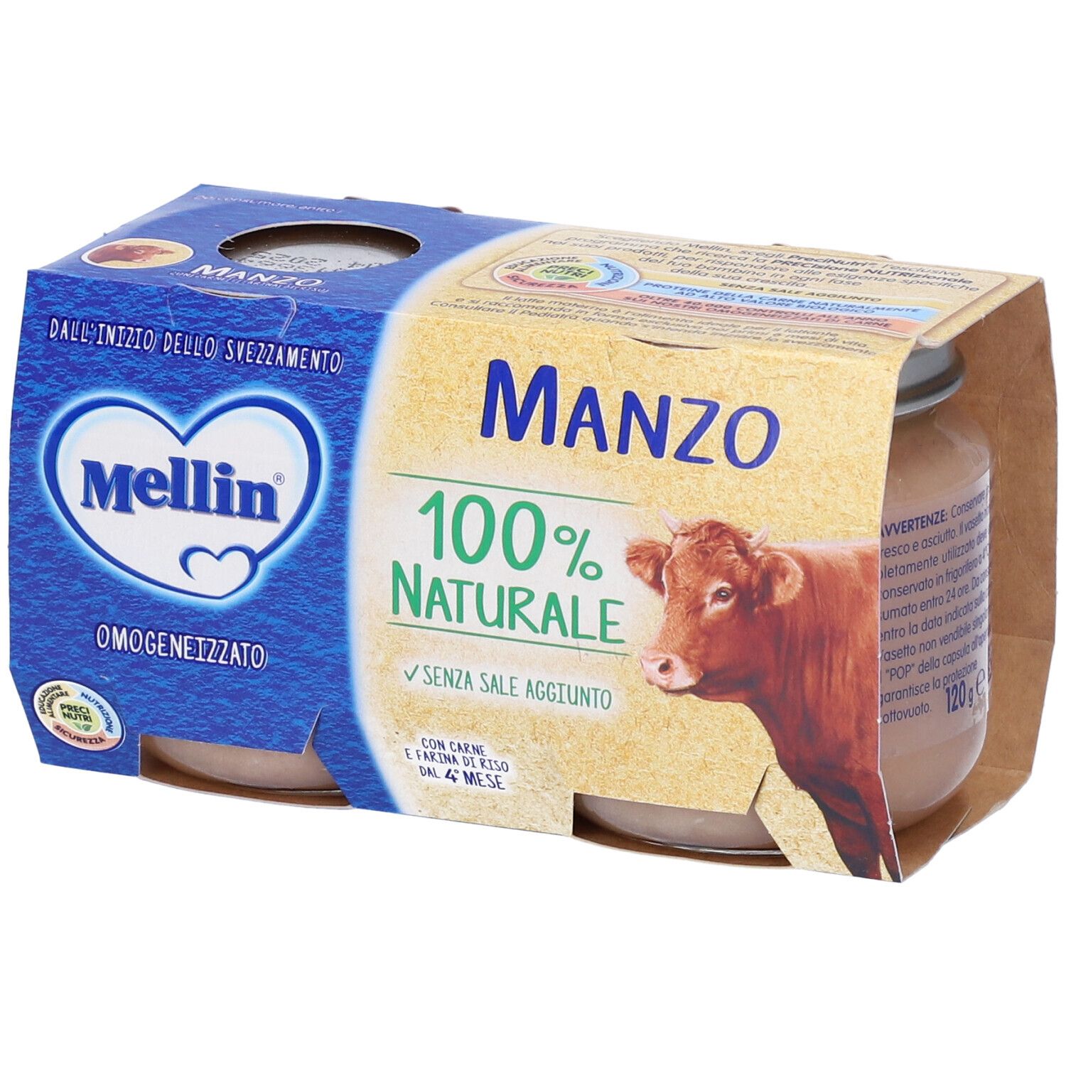 Confezione Mellin Manzo con due vasetti. Scritta: 100% naturale, senza sale aggiunto. Da 4 mesi.