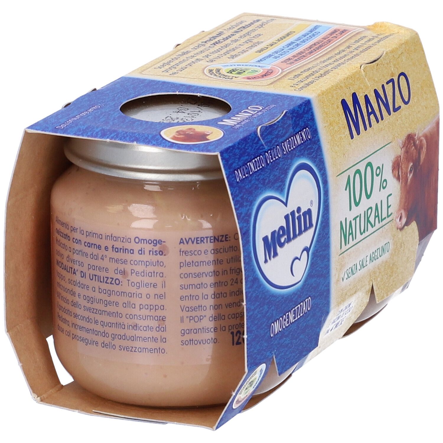 Vasetto Mellin Manzo. Scritta: Manzo, 100% naturale, senza sale aggiunto. Con carne e riso.