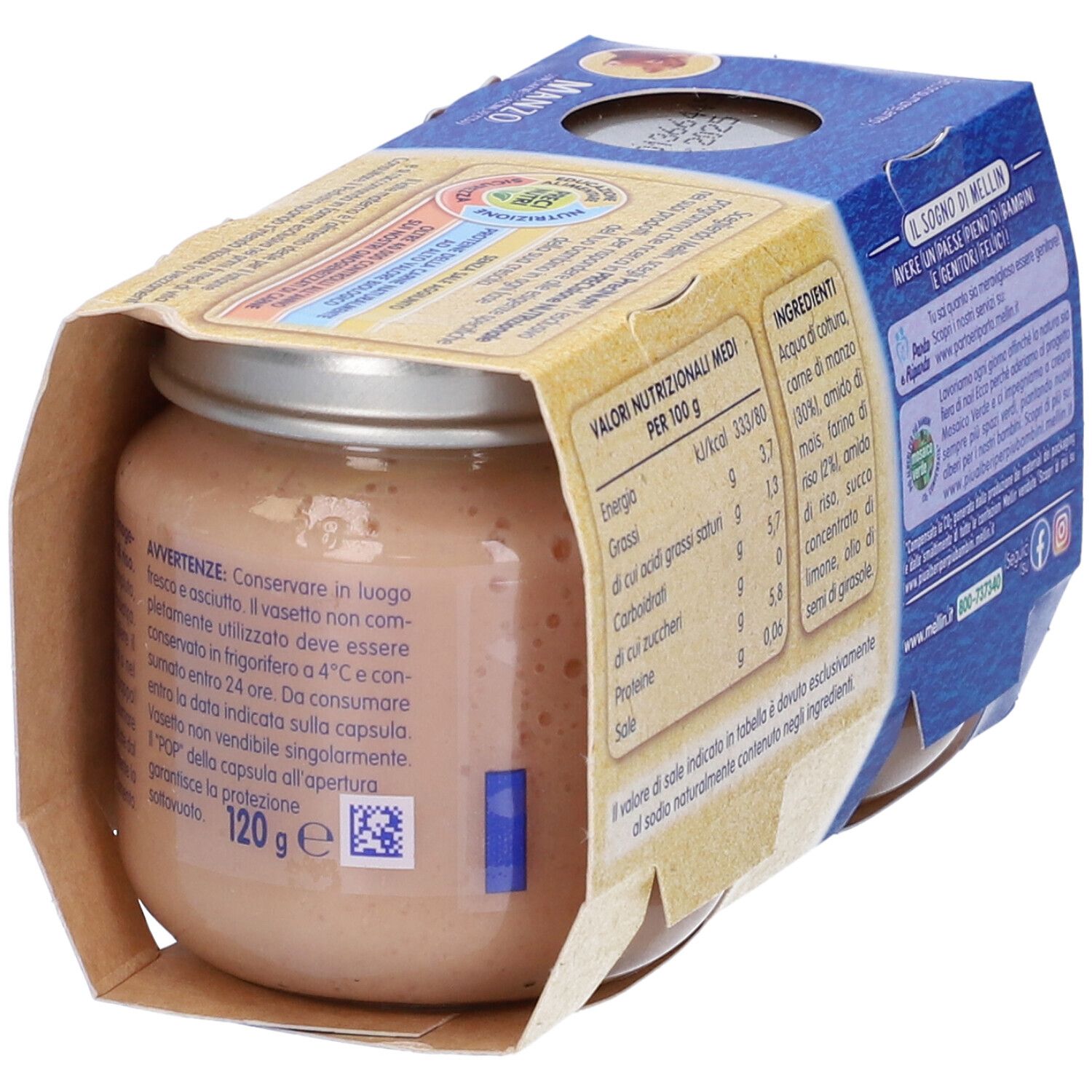 Vasetto Mellin Manzo. Scritta: 120g. Valori nutrizionali. Lista ingredienti. Avvertenze.