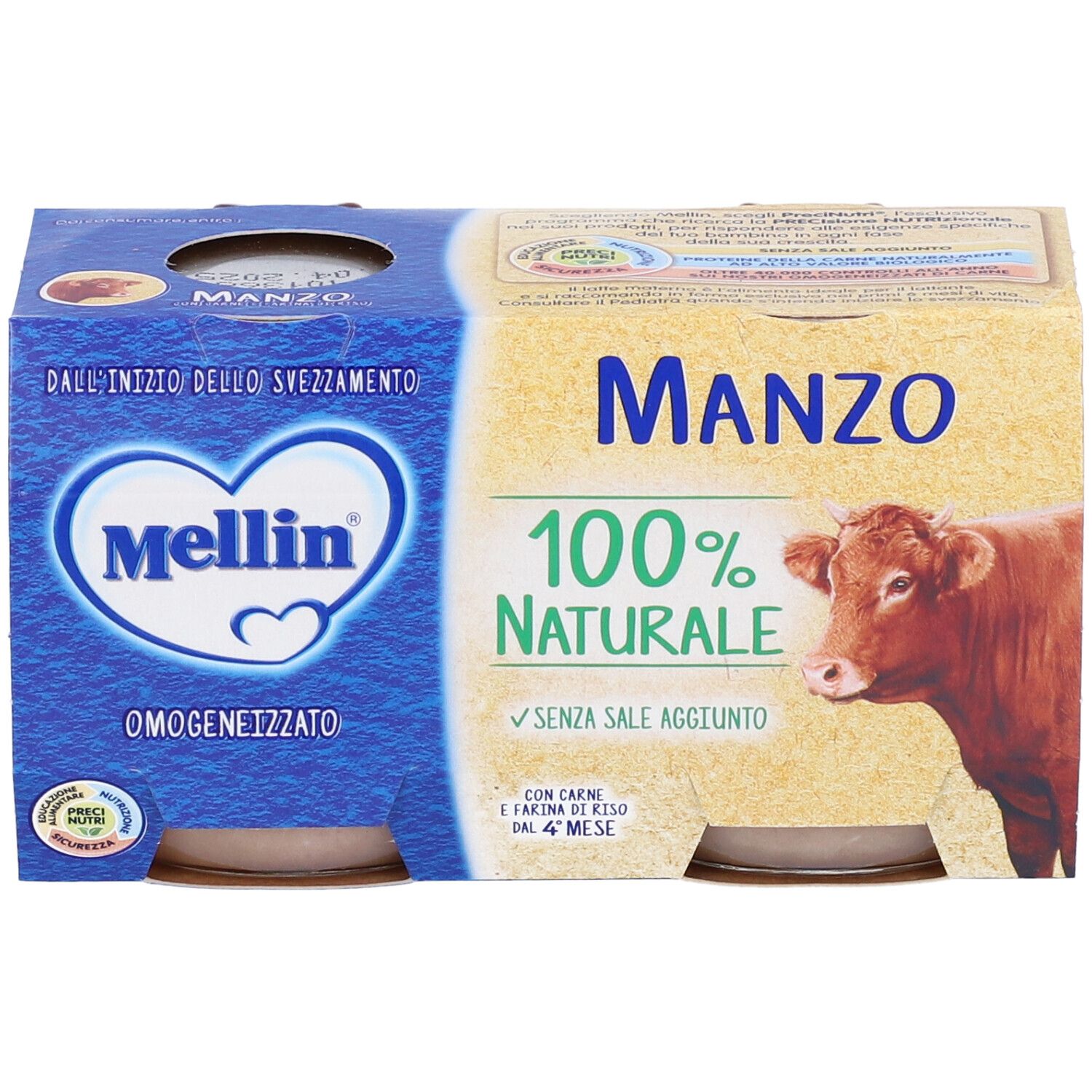 Confezione Mellin Manzo con due vasetti. Scritta: 100% naturale, senza sale aggiunto. Da 4 mesi.