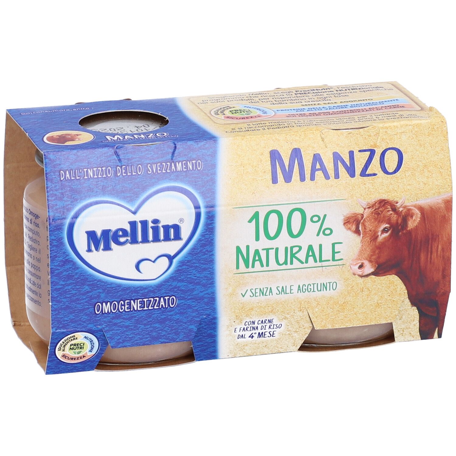 Confezione Mellin Manzo con due vasetti. Scritta: 100% naturale, senza sale aggiunto. Da 4 mesi.
