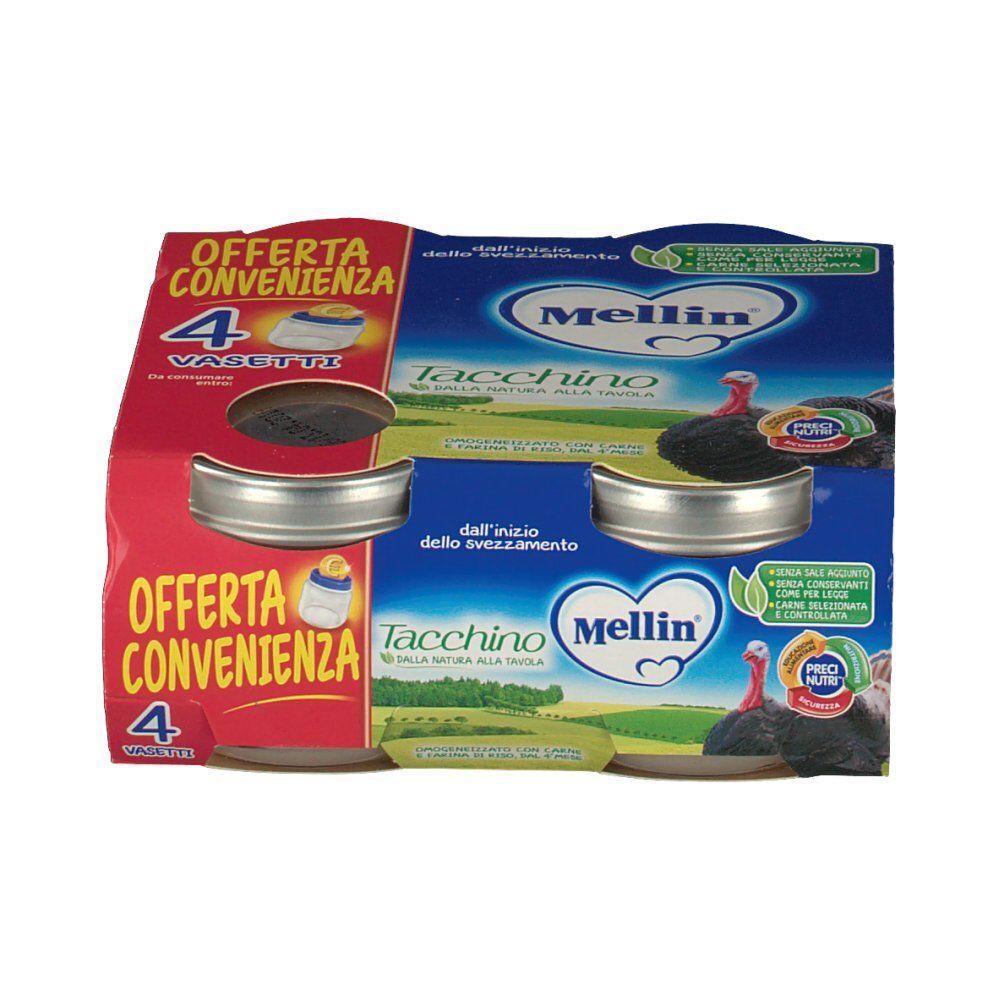 Packung mit vier Gläsern Mellin Tacchino. Gläser mit Metallverschluss, in Pappverpackung. Aufdrucke: Mellin, Tacchino, Angebot.