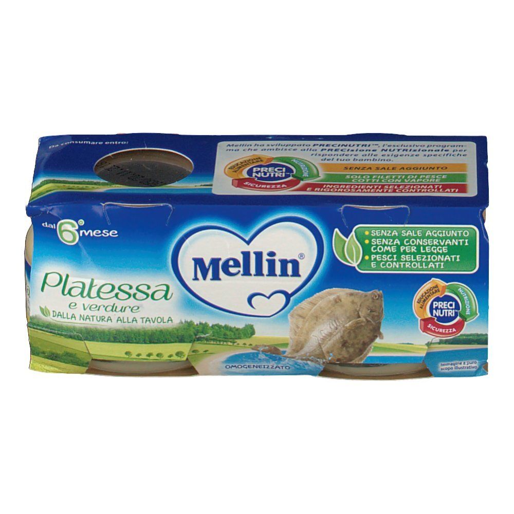 Mellin Platessa und Gemüse in Gläsern, verpackt. Logo, Produktname und Zertifizierungen sind sichtbar.