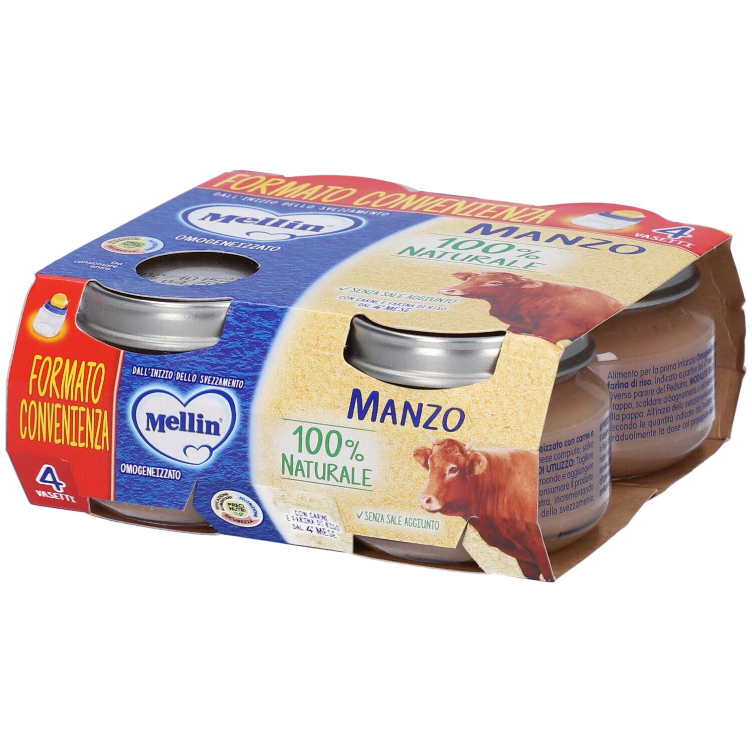 Vier Gläser Mellin Rindfleischpüree, 100% natürlich, im praktischen Viererpack.