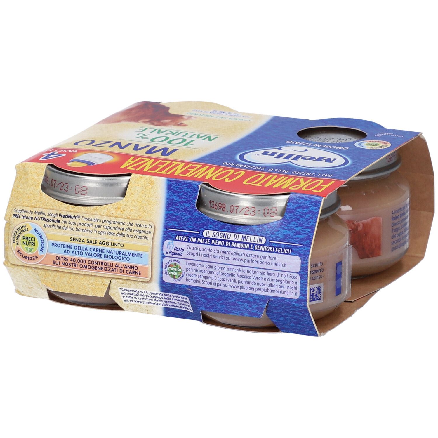 Packung mit vier Gläsern Babynahrung, "Manzo" (Rindfleisch) und "Formato Convenienza" (Sparpack).
