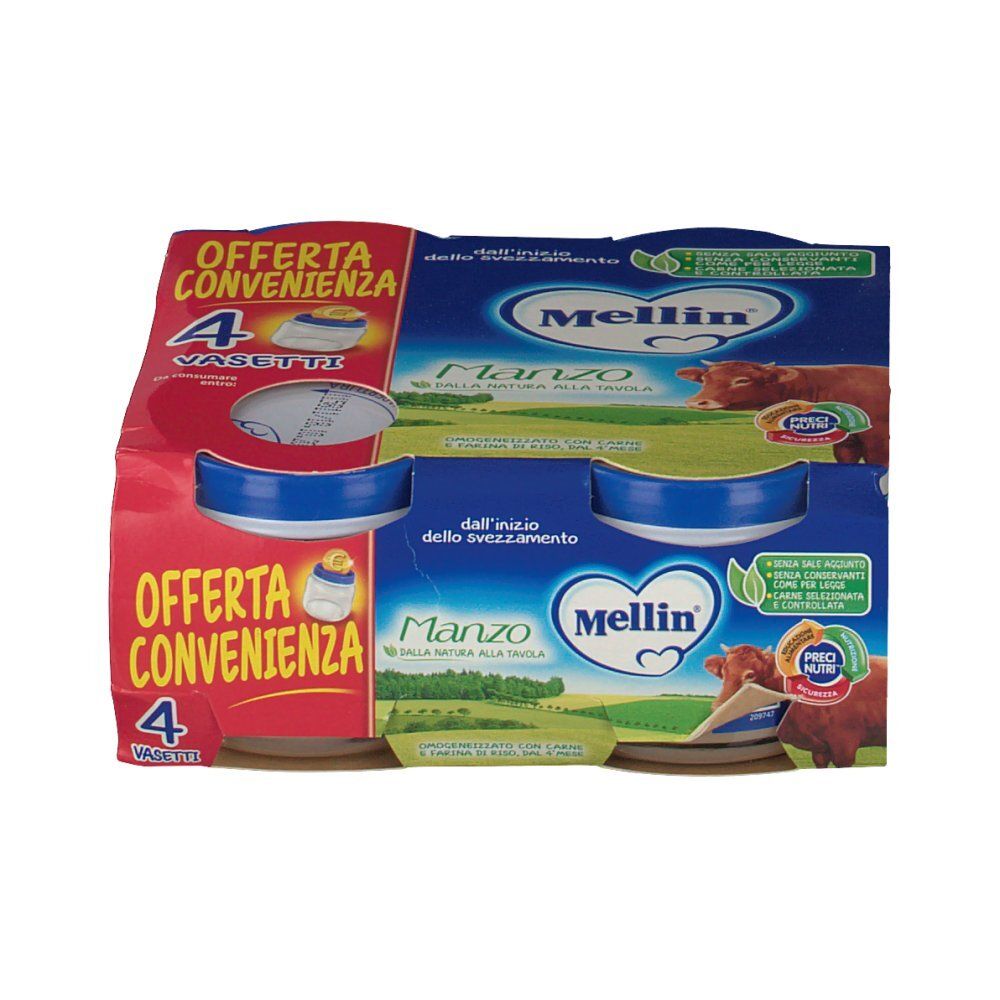 Packung mit vier Gläsern Babynahrung. Blaue Deckel, rotes und blaues Karton-Design. Aufschrift "Mellin Manzo".