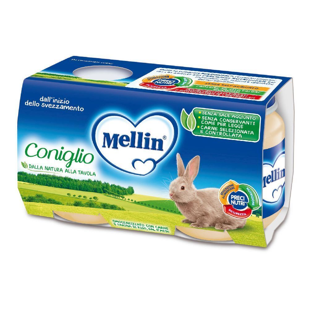 Confezione di Mellin Omogenizzato Coniglio. Immagine di coniglio. Confezione blu e verde con informazioni sul prodotto.